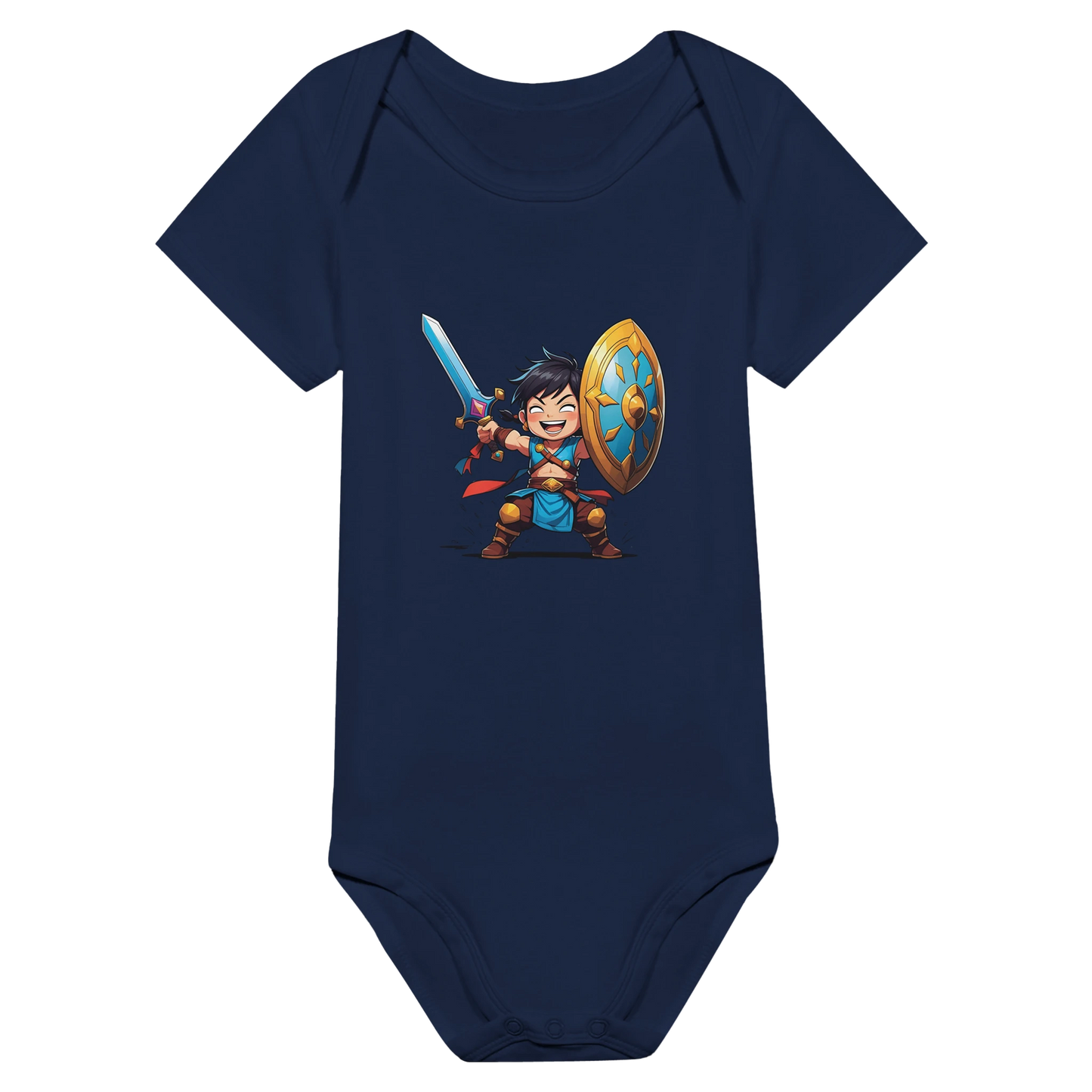 Baby bodysuit featuring a D&D-inspired fighter design with the subclass "Stick Sword Specialist." Illustrated with playful weapons and bold fantasy style