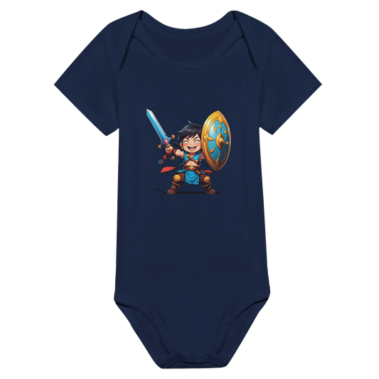 Baby bodysuit featuring a D&D-inspired fighter design with the subclass "Stick Sword Specialist." Illustrated with playful weapons and bold fantasy style