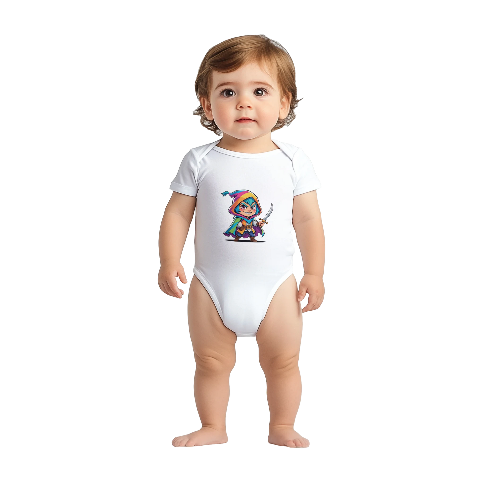 Infant onsie with fantasy-themed “Level 1 Rogue” text in white. D&D-inspired baby outfit perfect for game nights, baby showers, or nerdy parents. 