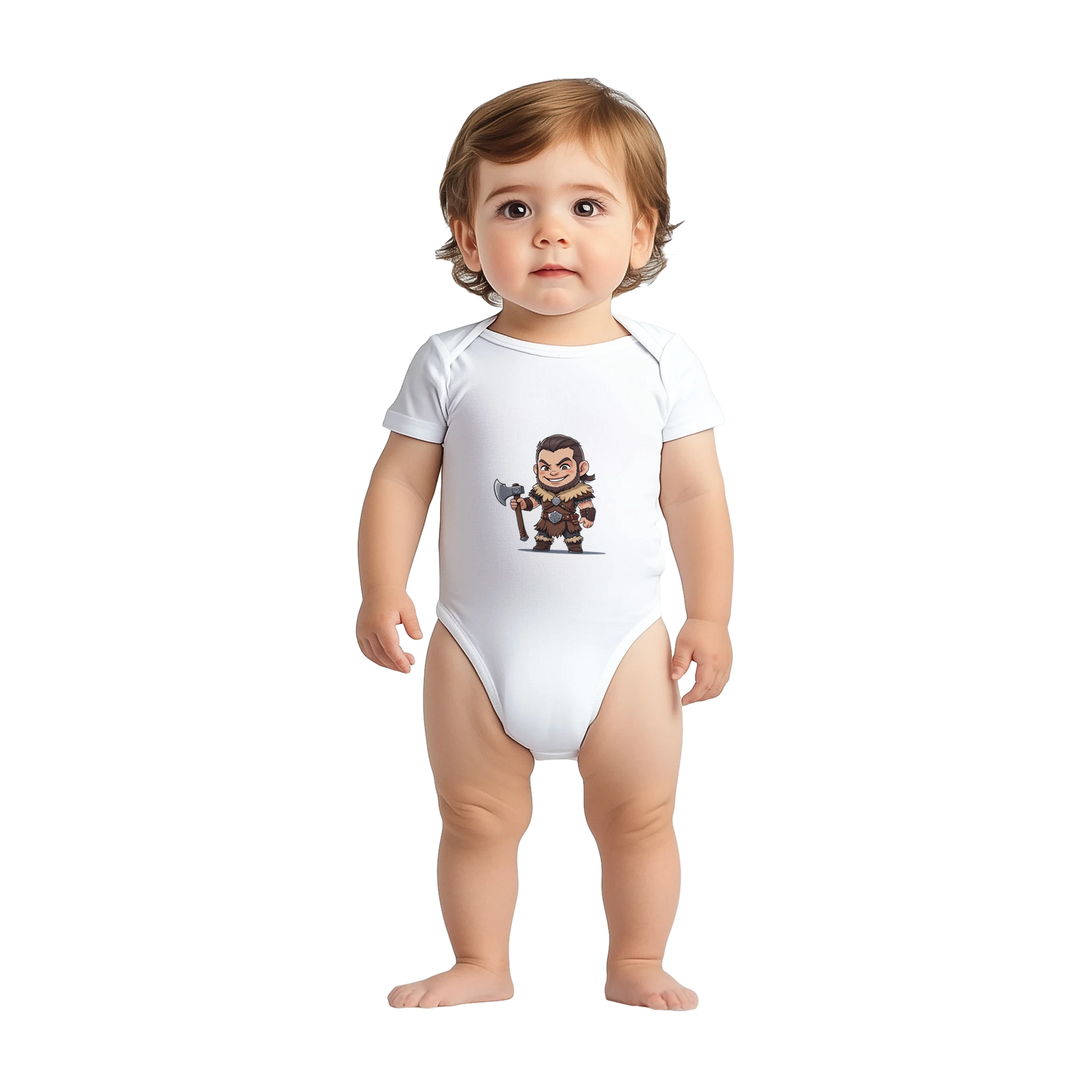 Gaming RPG-style Baby-barian Boy character design with Level 1 badge and barbarian theme on infant bodysuit