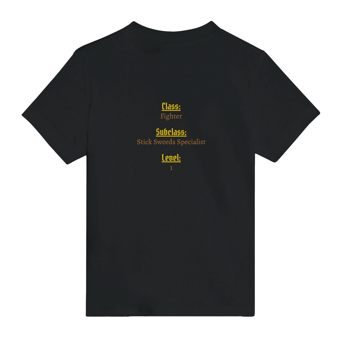 Baby t-shirt featuring a D&D-inspired fighter design with the subclass "Stick Sword Specialist." Illustrated with playful weapons and bold fantasy style
