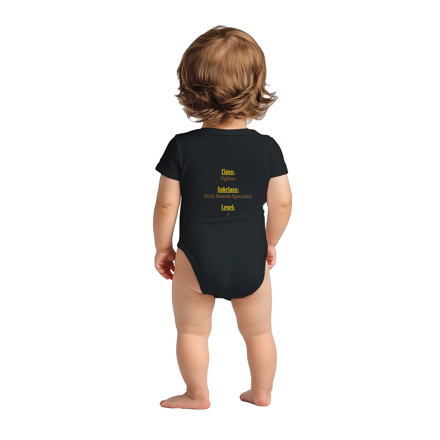 Baby bodysuit featuring a D&D-inspired fighter design with the subclass "Stick Sword Specialist." Illustrated with playful weapons and bold fantasy style