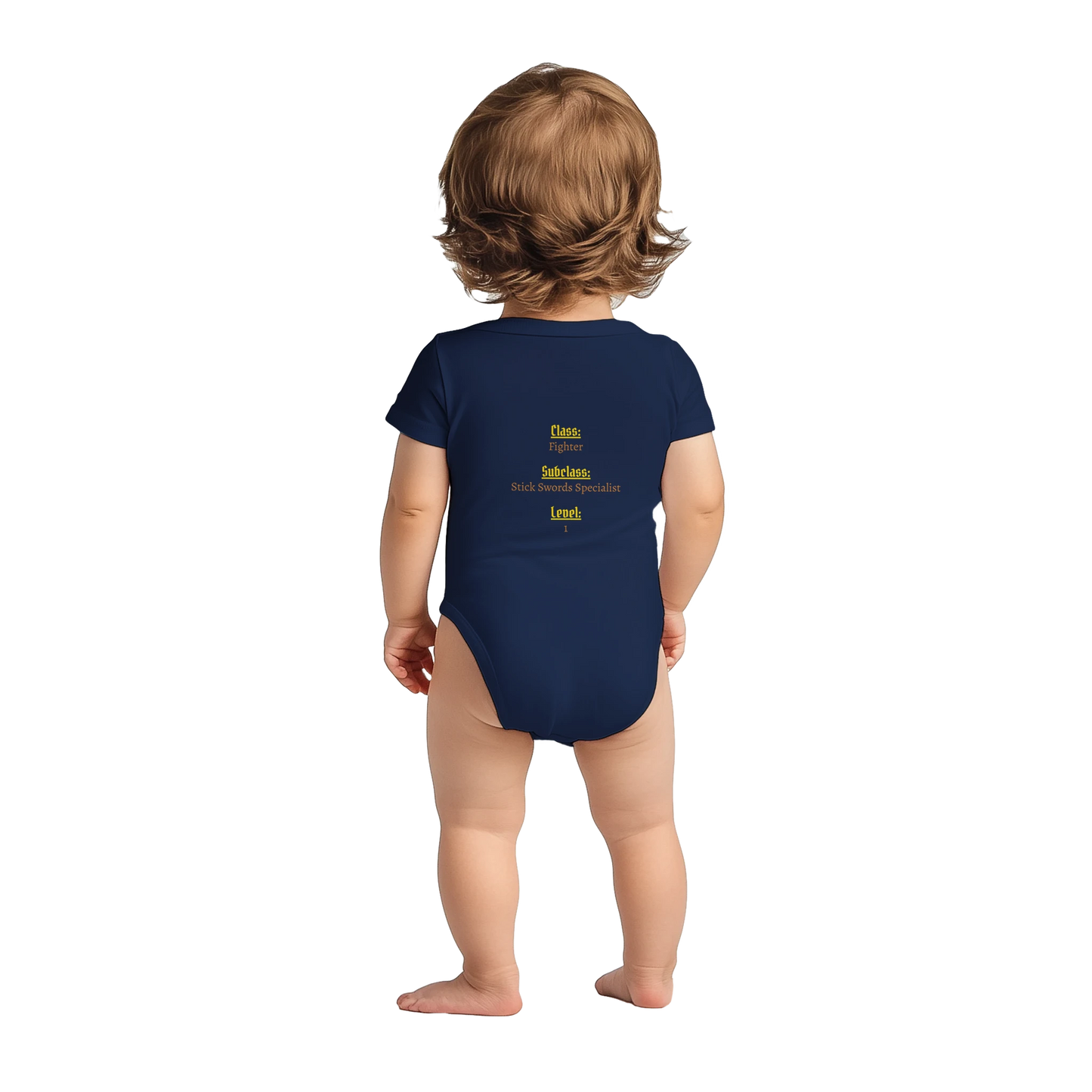 Baby bodysuit featuring a D&D-inspired fighter design with the subclass "Stick Sword Specialist." Illustrated with playful weapons and bold fantasy style
