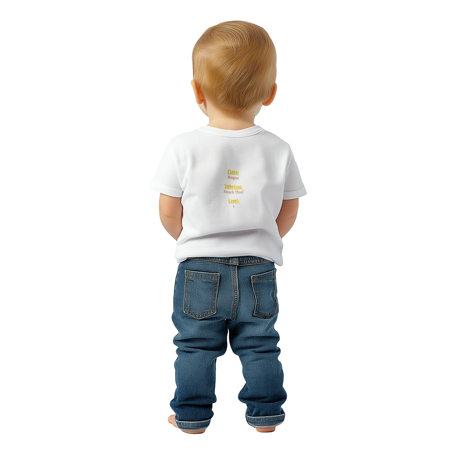 Baby wearing a black t-shirt with bold white fantasy-style lettering that reads “Level 1 Rogue.” Ideal for tabletop RPG fans and Dungeons & Dragons families.