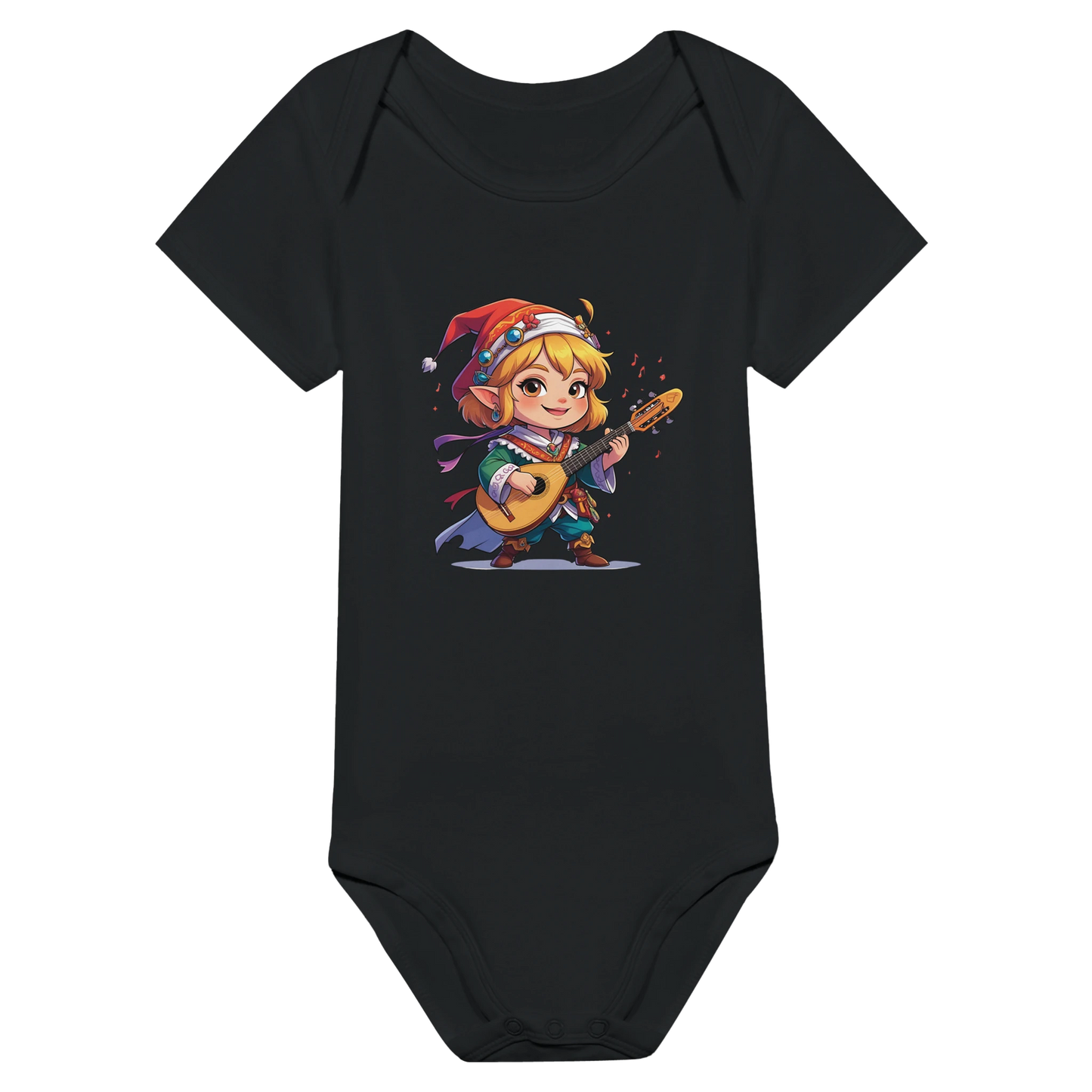 Baby onsie featuring a D&D-inspired bard design with whimsical musical elements. Ideal for little performers with a love for sound and sparkle.