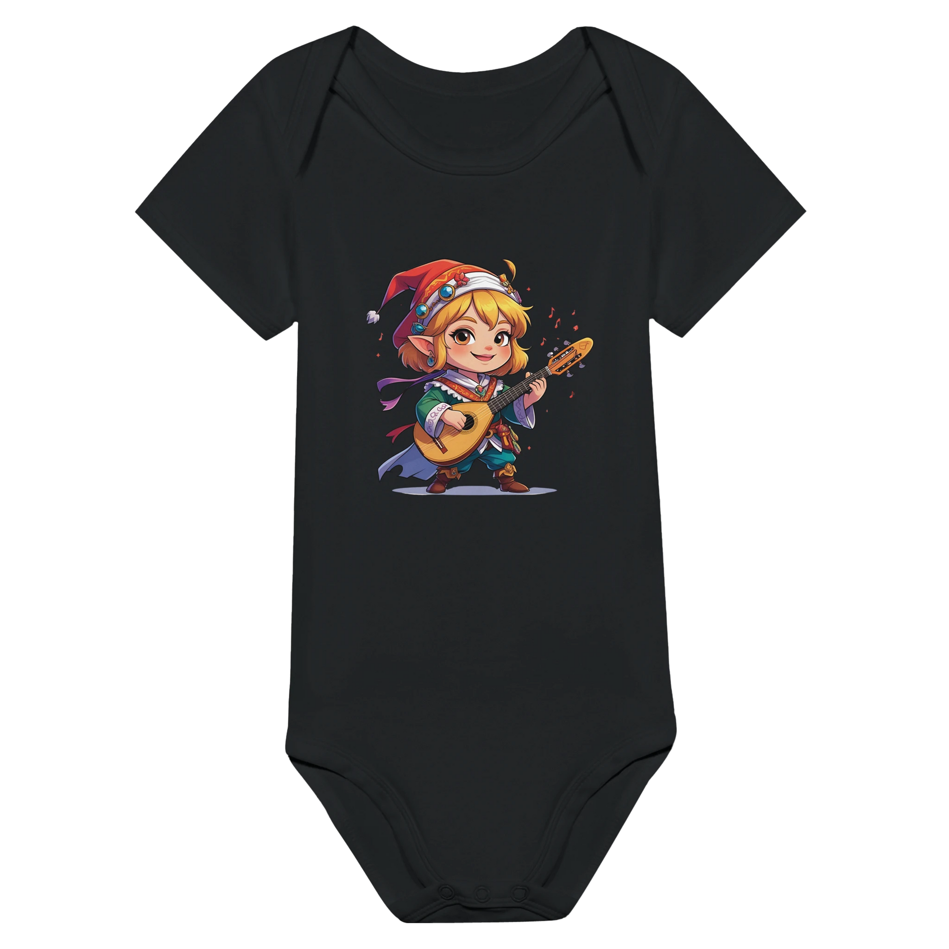 Baby onsie featuring a D&D-inspired bard design with whimsical musical elements. Ideal for little performers with a love for sound and sparkle.