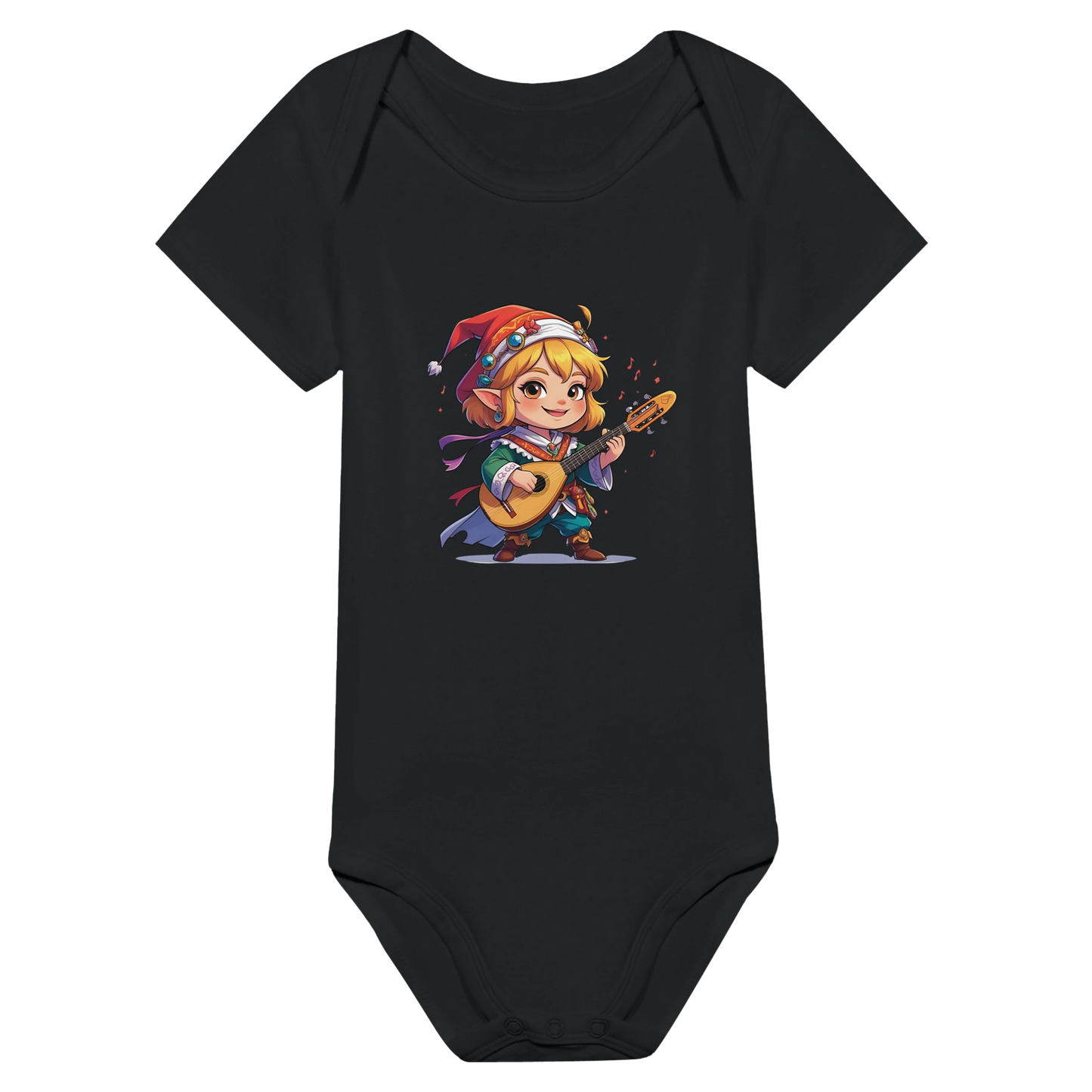 Baby onsie featuring a D&D-inspired bard design with whimsical musical elements. Ideal for little performers with a love for sound and sparkle.