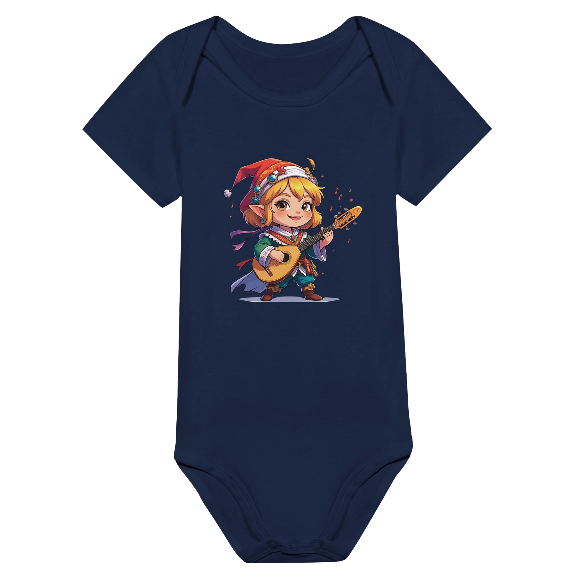 Baby onsie featuring a D&D-inspired bard design with whimsical musical elements. Ideal for little performers with a love for sound and sparkle.