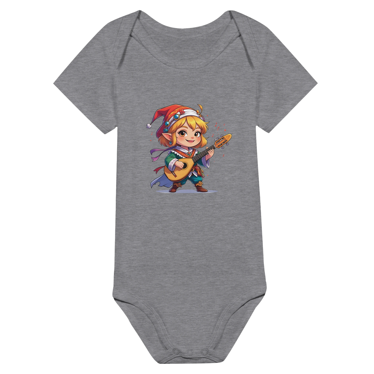 Baby onsie featuring a D&D-inspired bard design with whimsical musical elements. Ideal for little performers with a love for sound and sparkle.