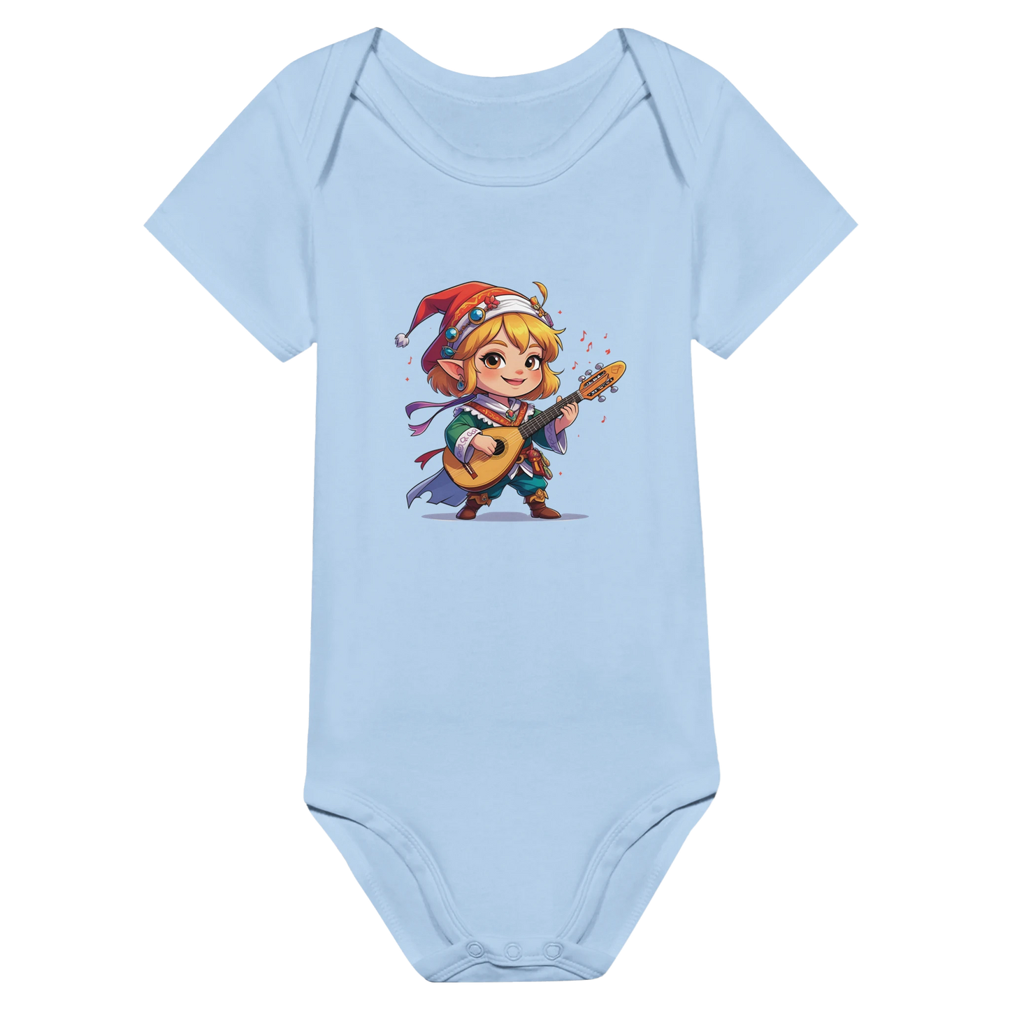 Baby onsie featuring a D&D-inspired bard design with whimsical musical elements. Ideal for little performers with a love for sound and sparkle.