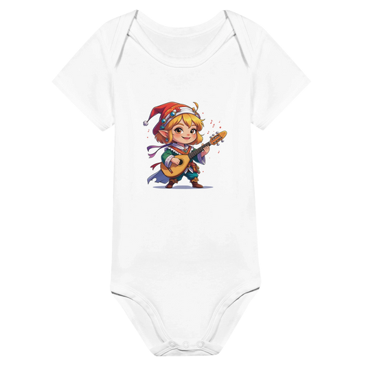 Baby onsie featuring a D&D-inspired bard design with whimsical musical elements. Ideal for little performers with a love for sound and sparkle.