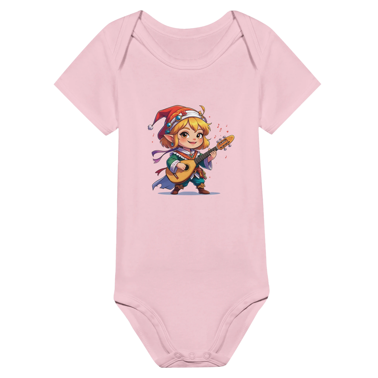 Baby onsie featuring a D&D-inspired bard design with whimsical musical elements. Ideal for little performers with a love for sound and sparkle.