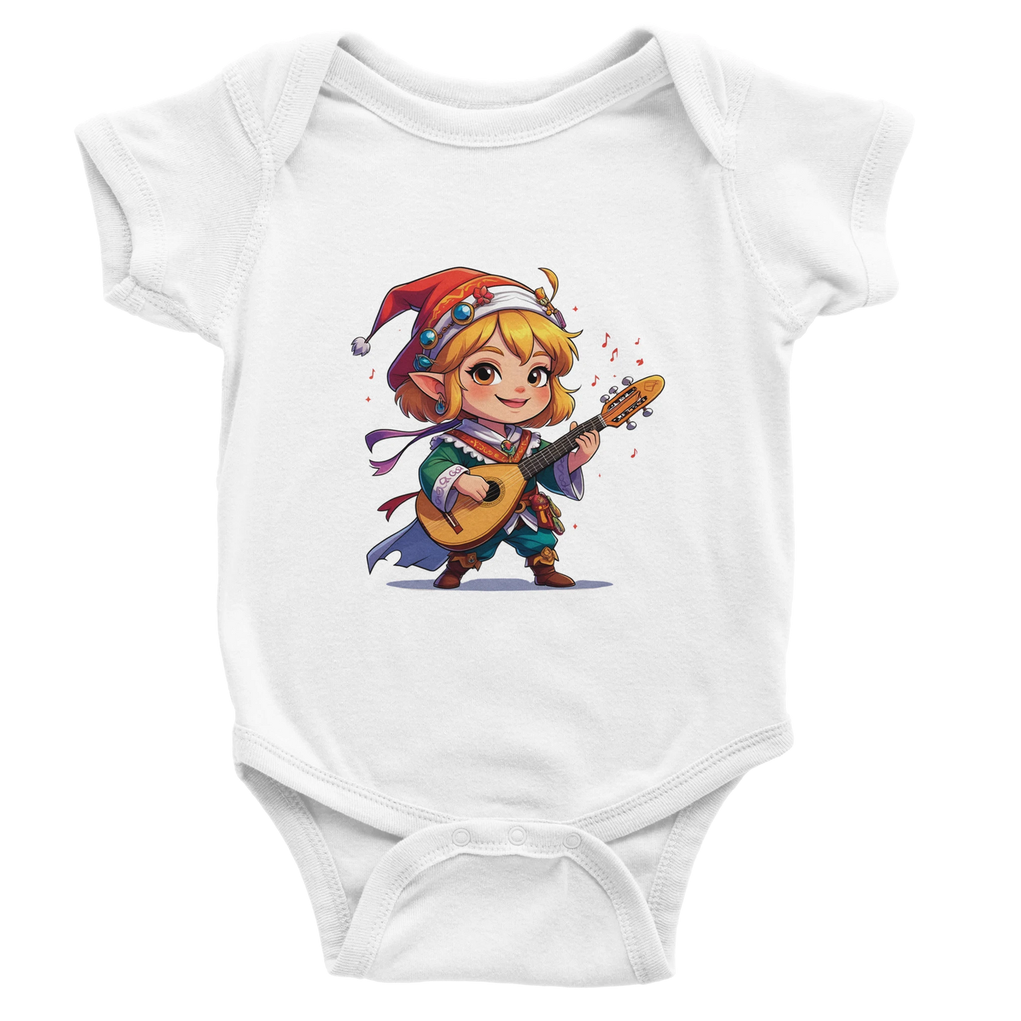 Baby onsie featuring a D&D-inspired bard design with whimsical musical elements. Ideal for little performers with a love for sound and sparkle.