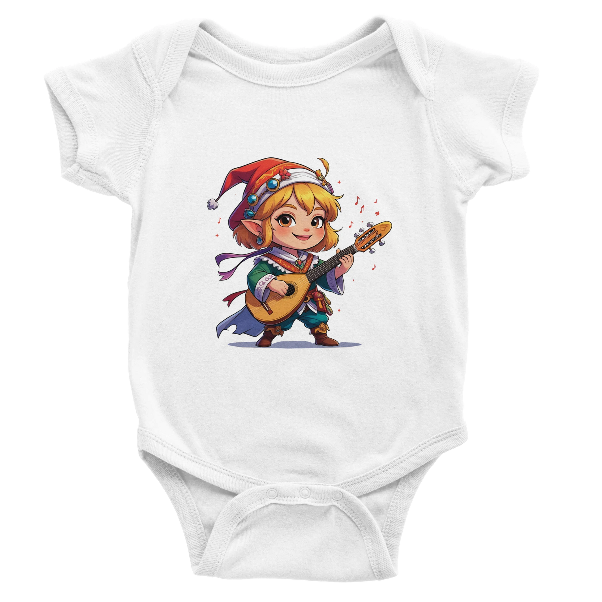 Baby onsie featuring a D&D-inspired bard design with whimsical musical elements. Ideal for little performers with a love for sound and sparkle.