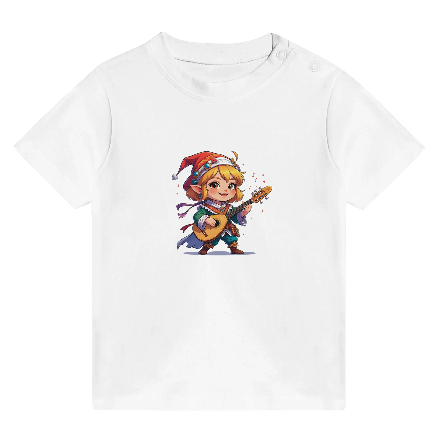 Baby t-shirt featuring a D&D-inspired chibi bard design. Ideal for little performers with a love for sound and sparkle.