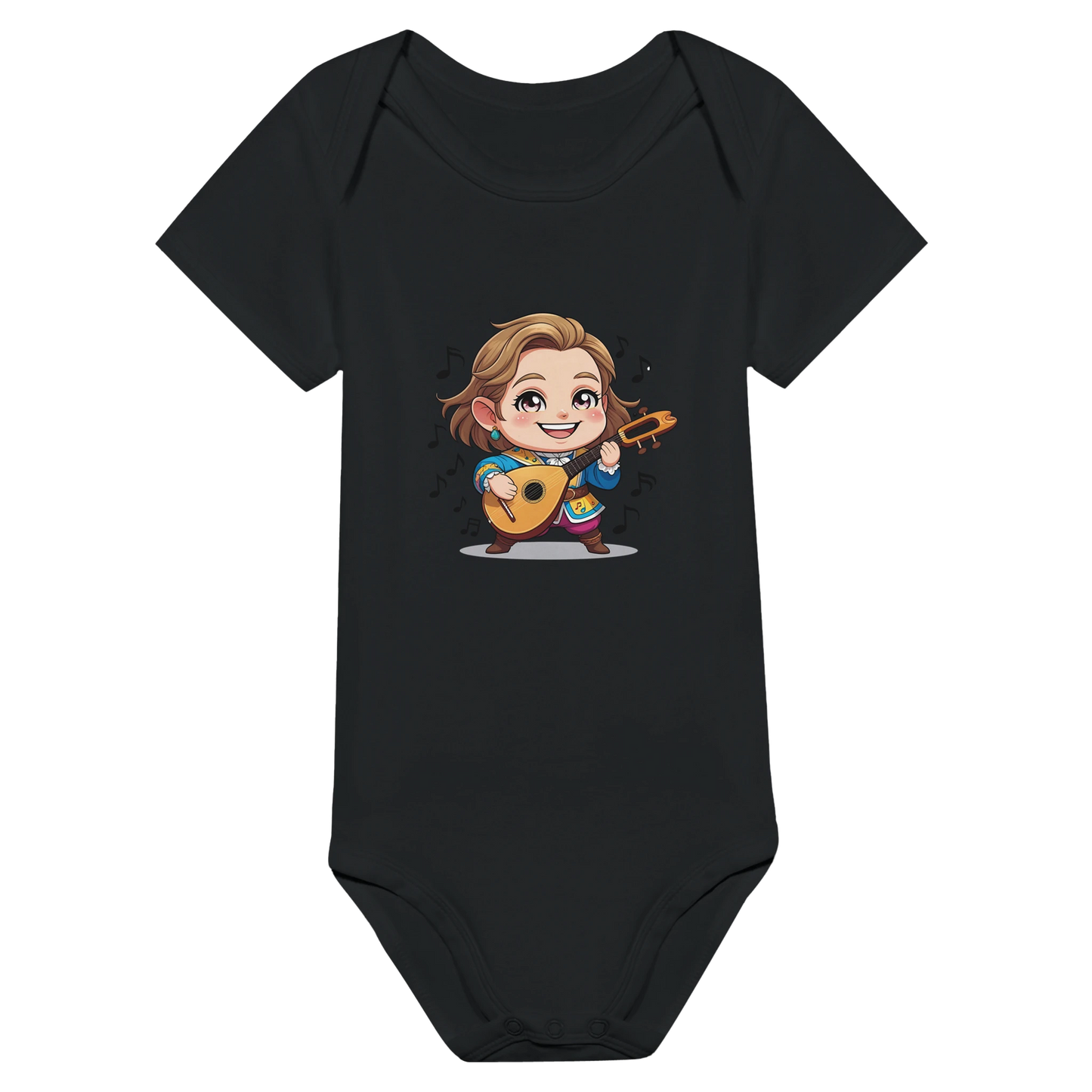 Baby onsie featuring a D&D-inspired bard design with whimsical musical elements. Ideal for little performers with a love for sound and sparkle.