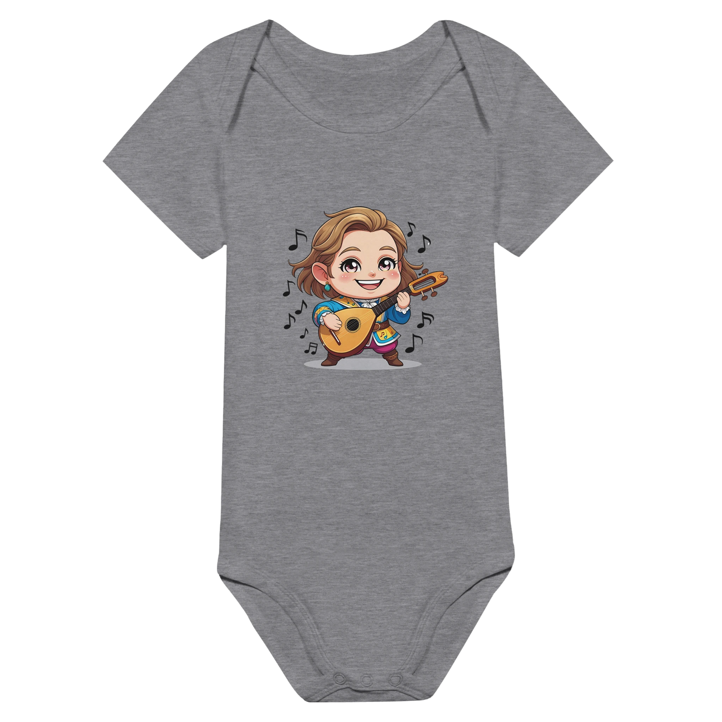 Baby onsie featuring a D&D-inspired bard design with whimsical musical elements. Ideal for little performers with a love for sound and sparkle.