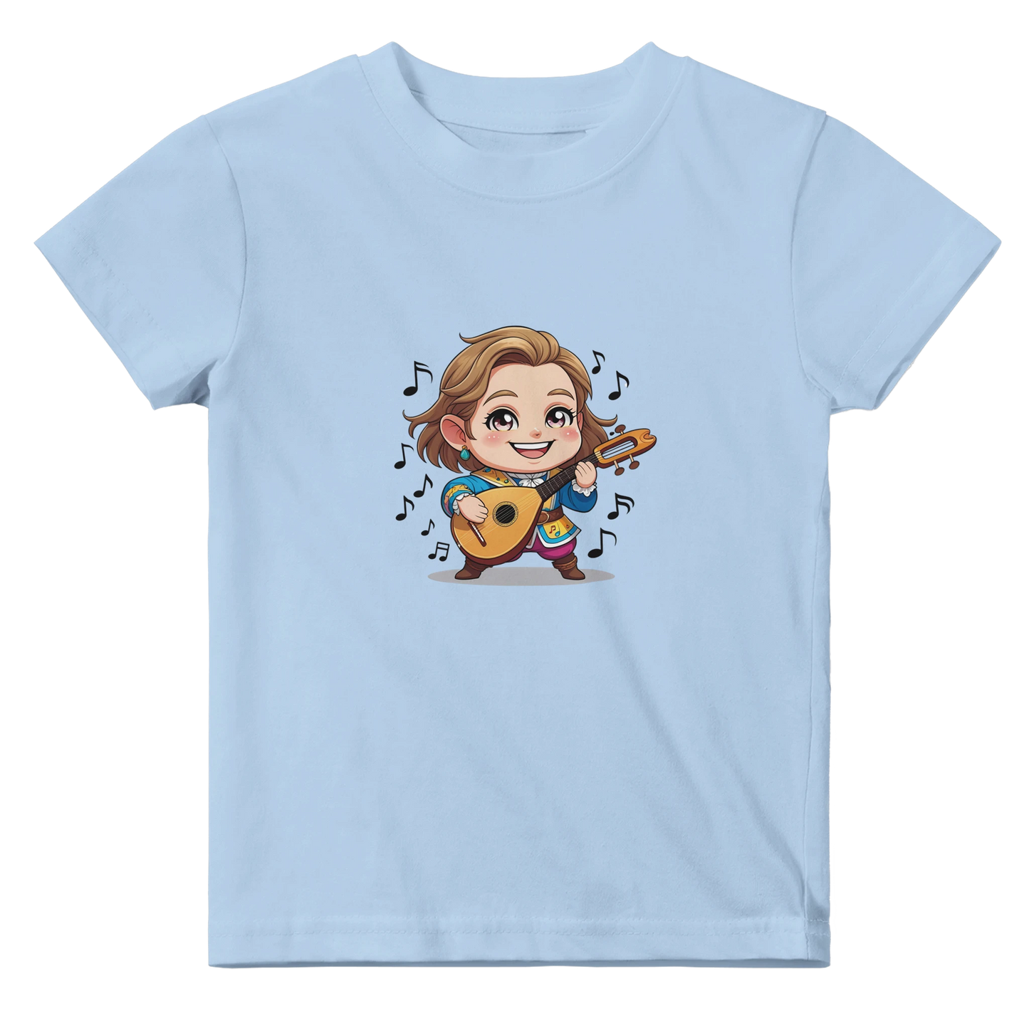 Baby t-shirt featuring a D&D-inspired chibi bard design. Ideal for little performers with a love for sound and sparkle.