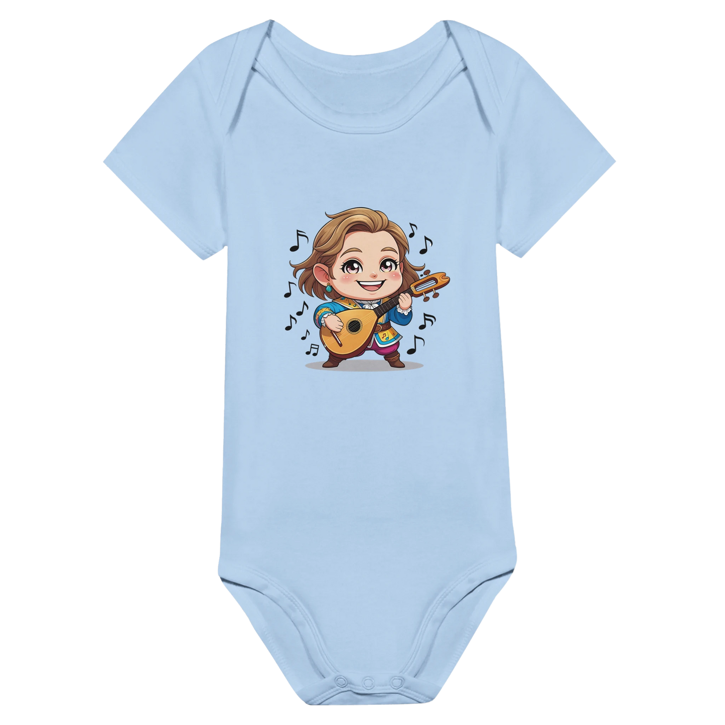 Baby onsie featuring a D&D-inspired bard design with whimsical musical elements. Ideal for little performers with a love for sound and sparkle.