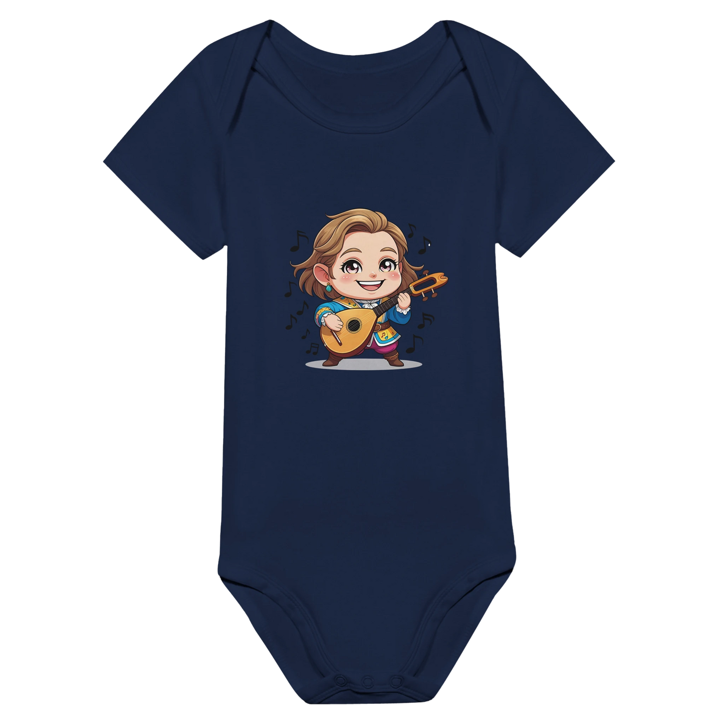Baby onsie featuring a D&D-inspired bard design with whimsical musical elements. Ideal for little performers with a love for sound and sparkle.