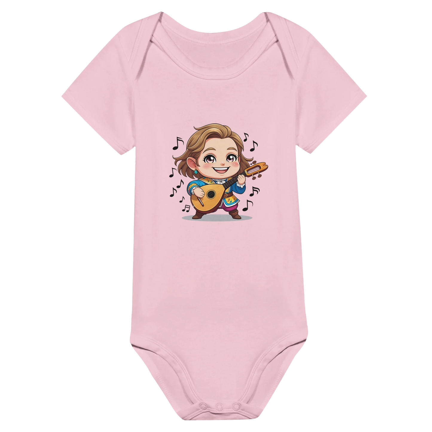 Baby onsie featuring a D&D-inspired bard design with whimsical musical elements. Ideal for little performers with a love for sound and sparkle.