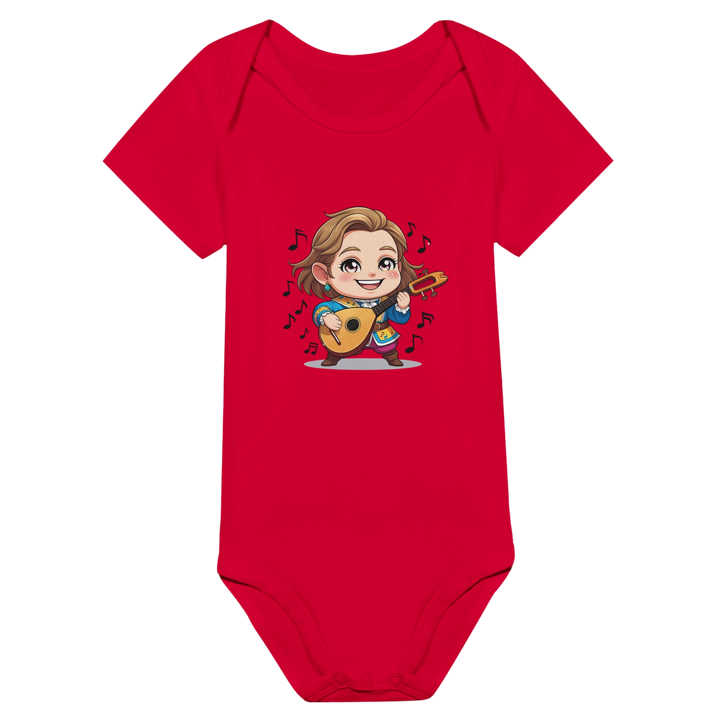 Baby onsie featuring a D&D-inspired bard design with whimsical musical elements. Ideal for little performers with a love for sound and sparkle.