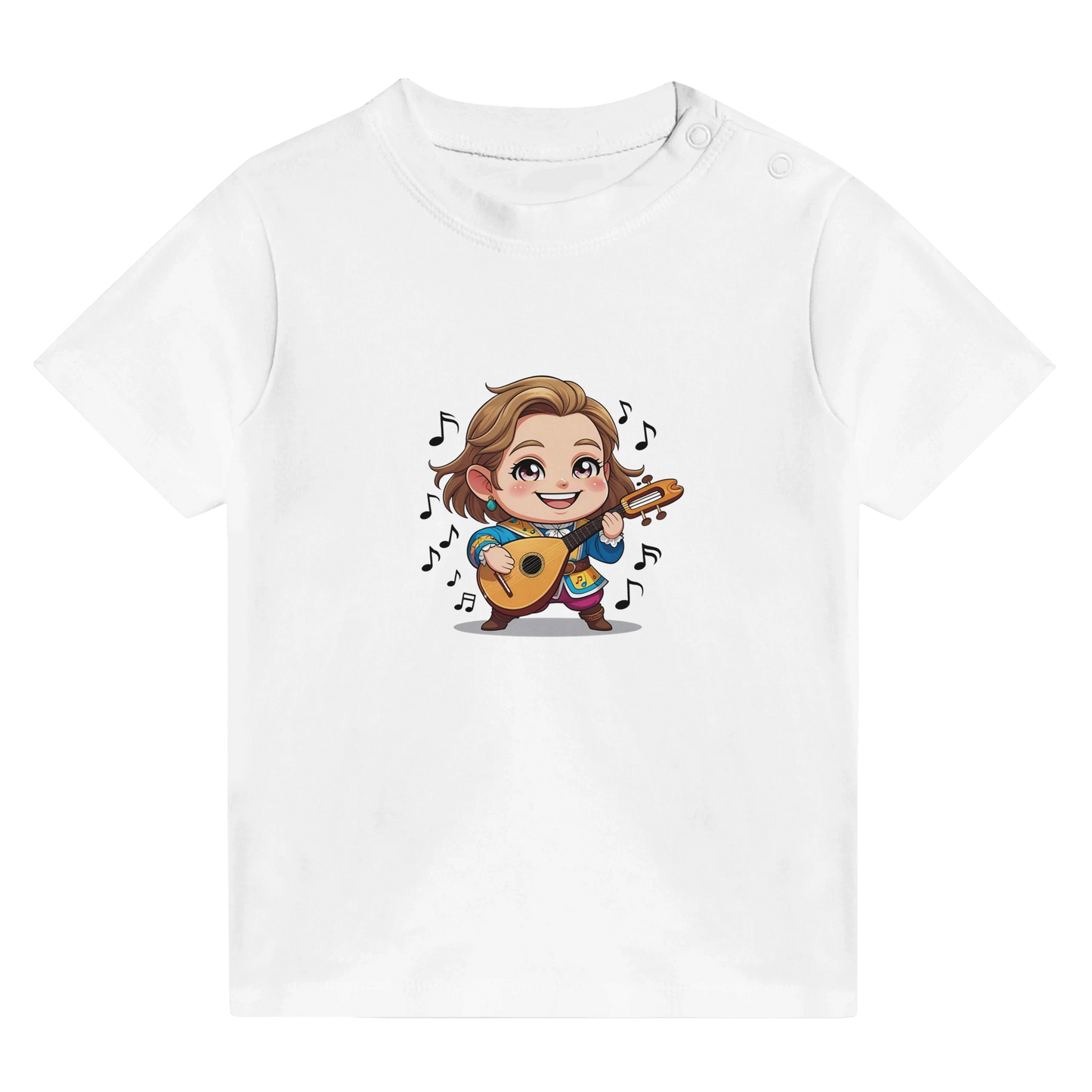 Baby t-shirt featuring a D&D-inspired chibi bard design. Ideal for little performers with a love for sound and sparkle.
