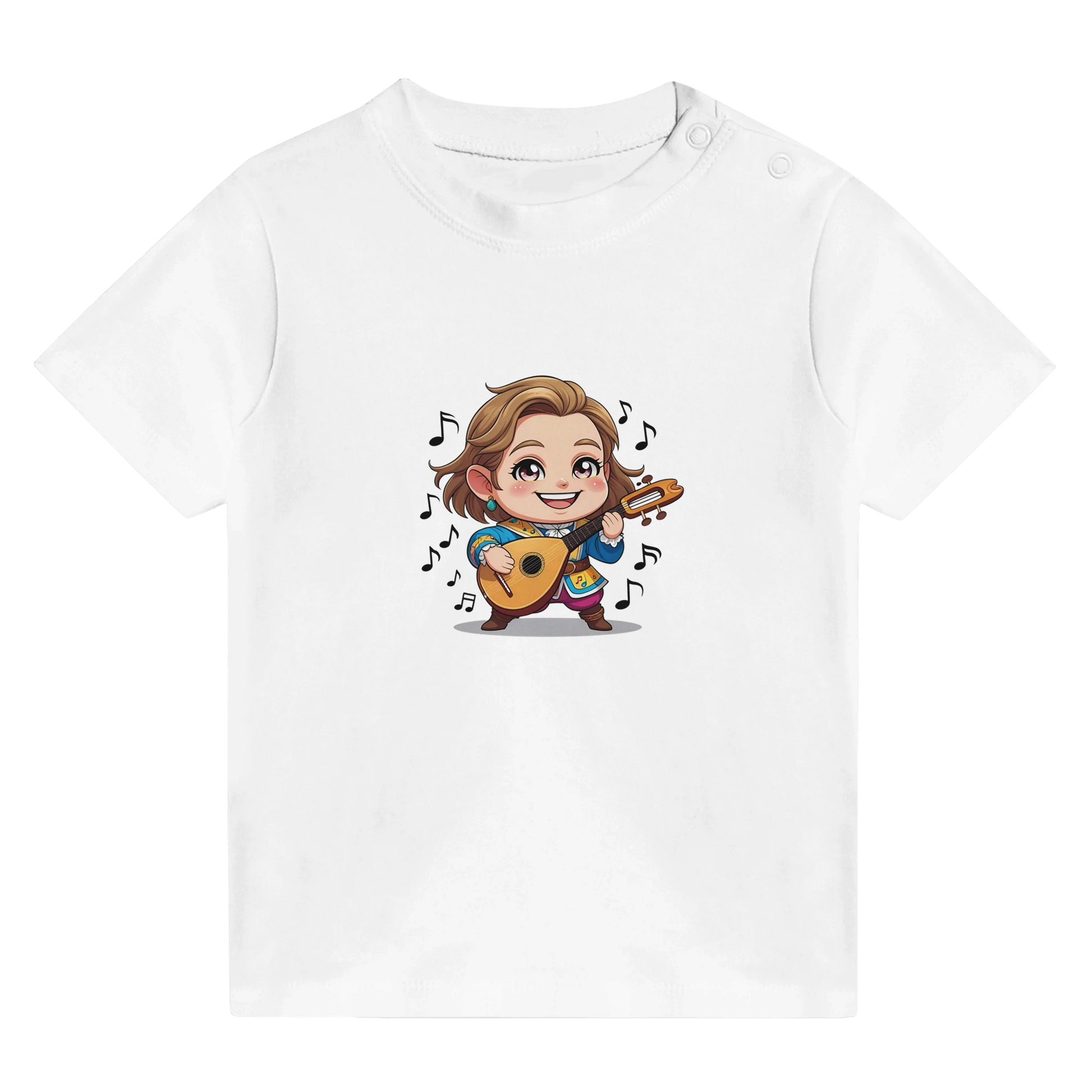 Baby t-shirt featuring a D&D-inspired chibi bard design. Ideal for little performers with a love for sound and sparkle.
