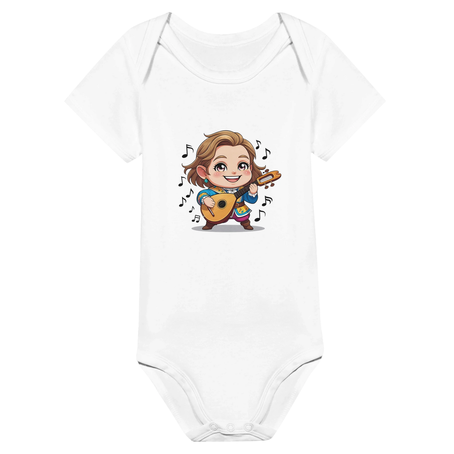 Baby onsie featuring a D&D-inspired bard design with whimsical musical elements. Ideal for little performers with a love for sound and sparkle.