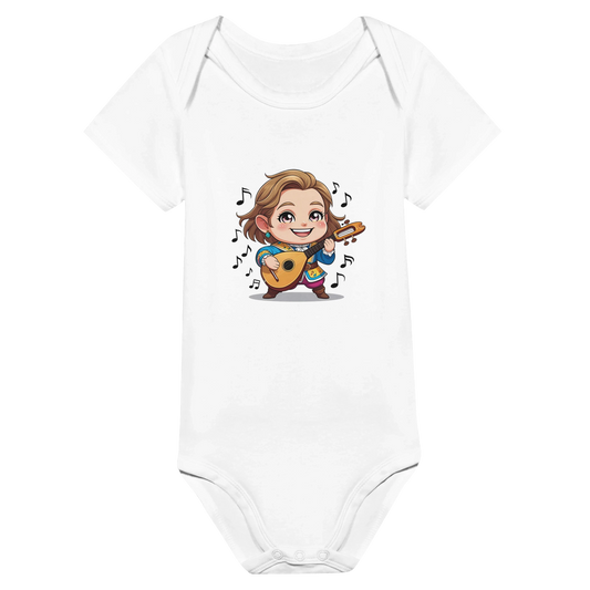 Baby onsie featuring a D&D-inspired bard design with whimsical musical elements. Ideal for little performers with a love for sound and sparkle.