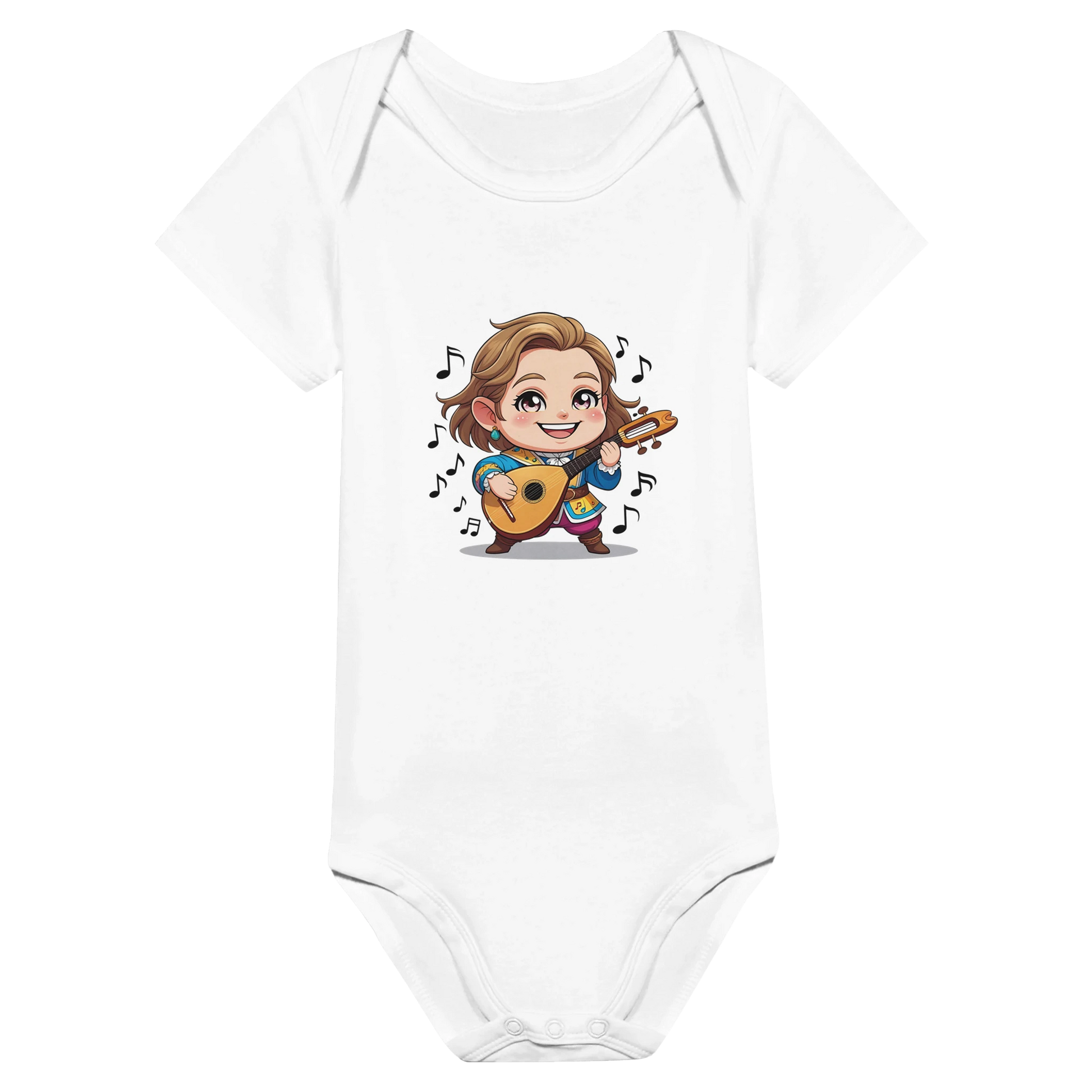 Baby onsie featuring a D&D-inspired bard design with whimsical musical elements. Ideal for little performers with a love for sound and sparkle.