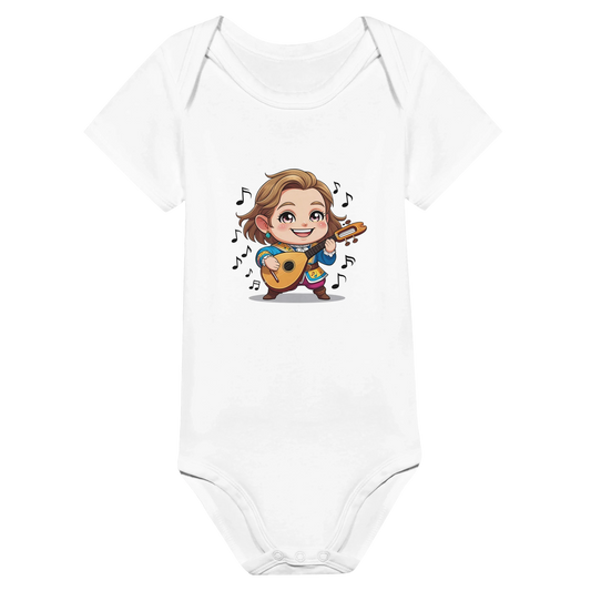 Baby onsie featuring a D&D-inspired bard design with whimsical musical elements. Ideal for little performers with a love for sound and sparkle.