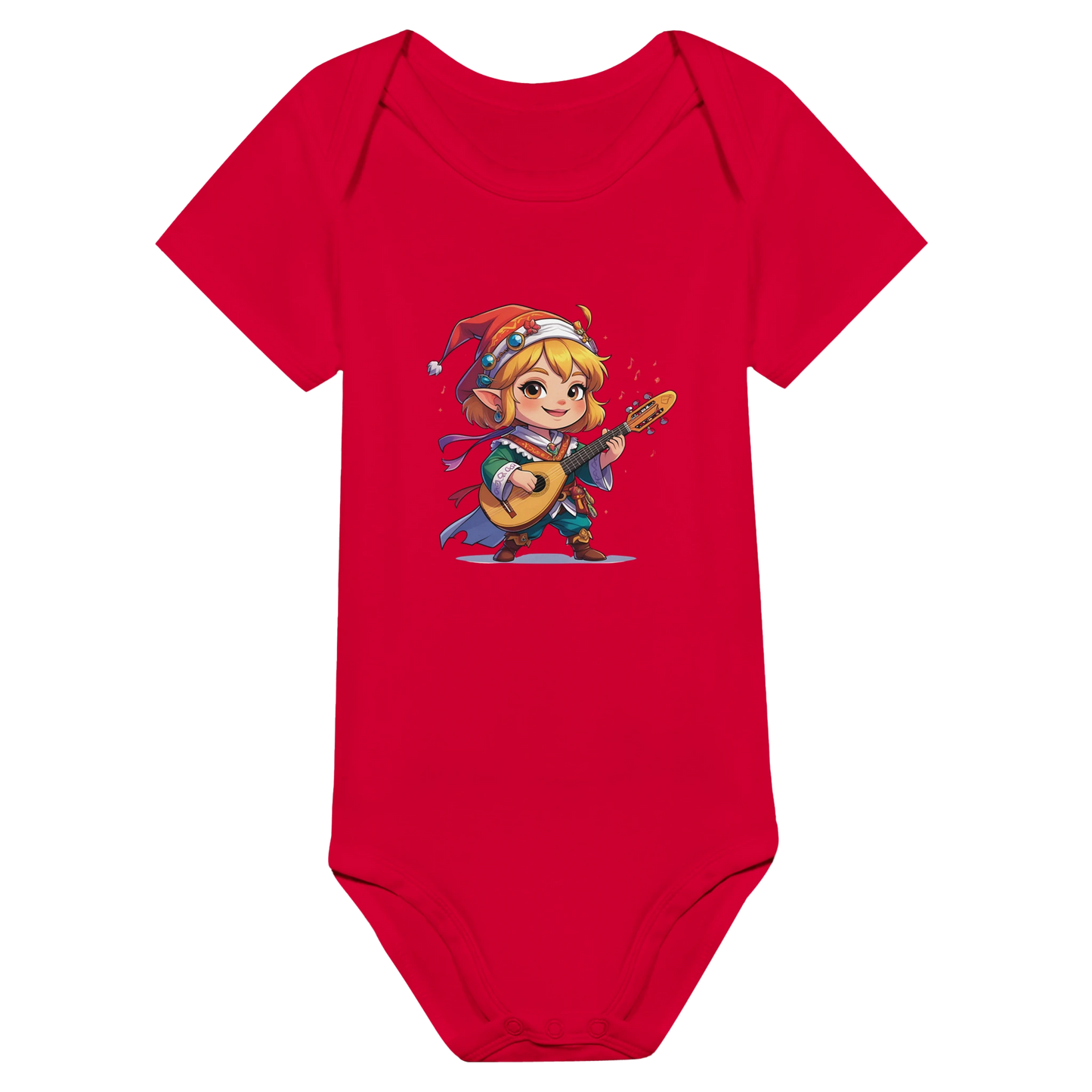 Baby onsie featuring a D&D-inspired bard design with whimsical musical elements. Ideal for little performers with a love for sound and sparkle.