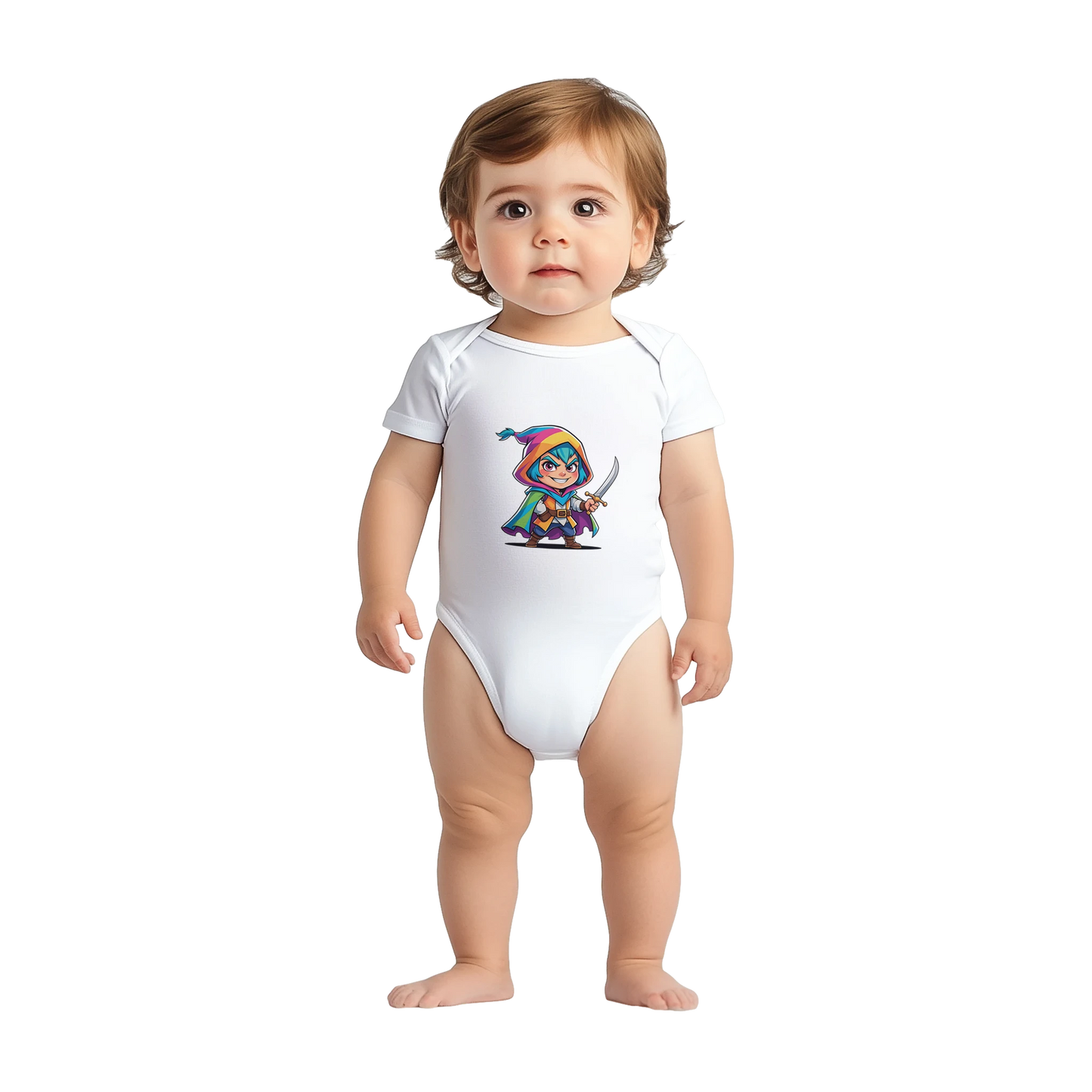 Infant bodysuit with fantasy-themed rogue. D&D-inspired baby outfit perfect for game nights, baby showers, or nerdy parents.