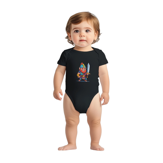 Baby bodysuit featuring a D&D-inspired fighter design with the subclass "Stick Sword Specialist." Illustrated with playful weapons and bold fantasy style