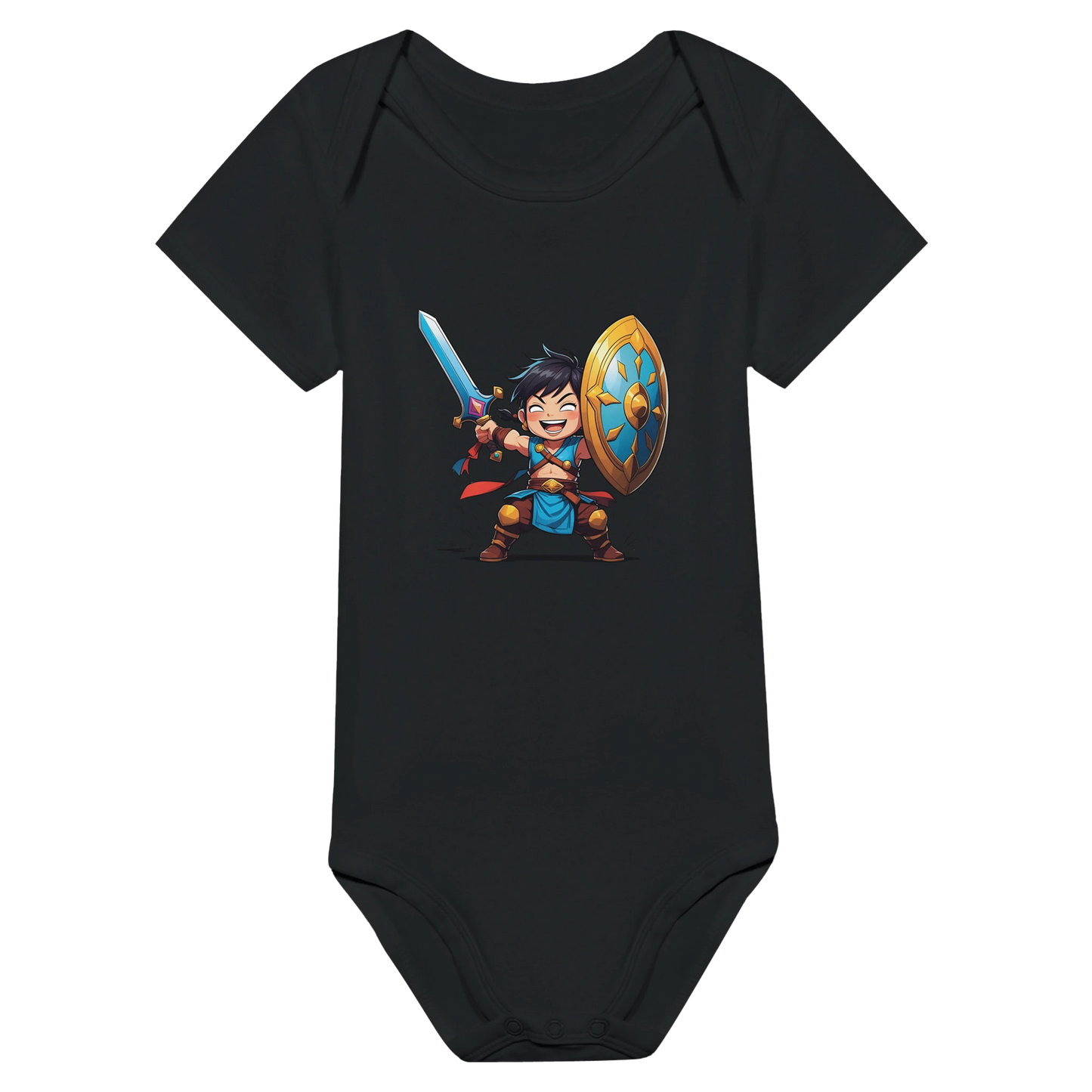 Baby onsie featuring a D&D-inspired fighter design. Includes fantasy-themed artwork with bold weapons and playful, adventurous style for little warriors.