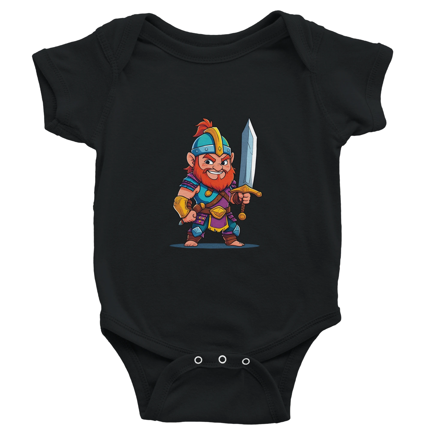 Baby bodysuit featuring a D&D-inspired fighter design with the subclass "Stick Sword Specialist." Illustrated with playful weapons and bold fantasy style