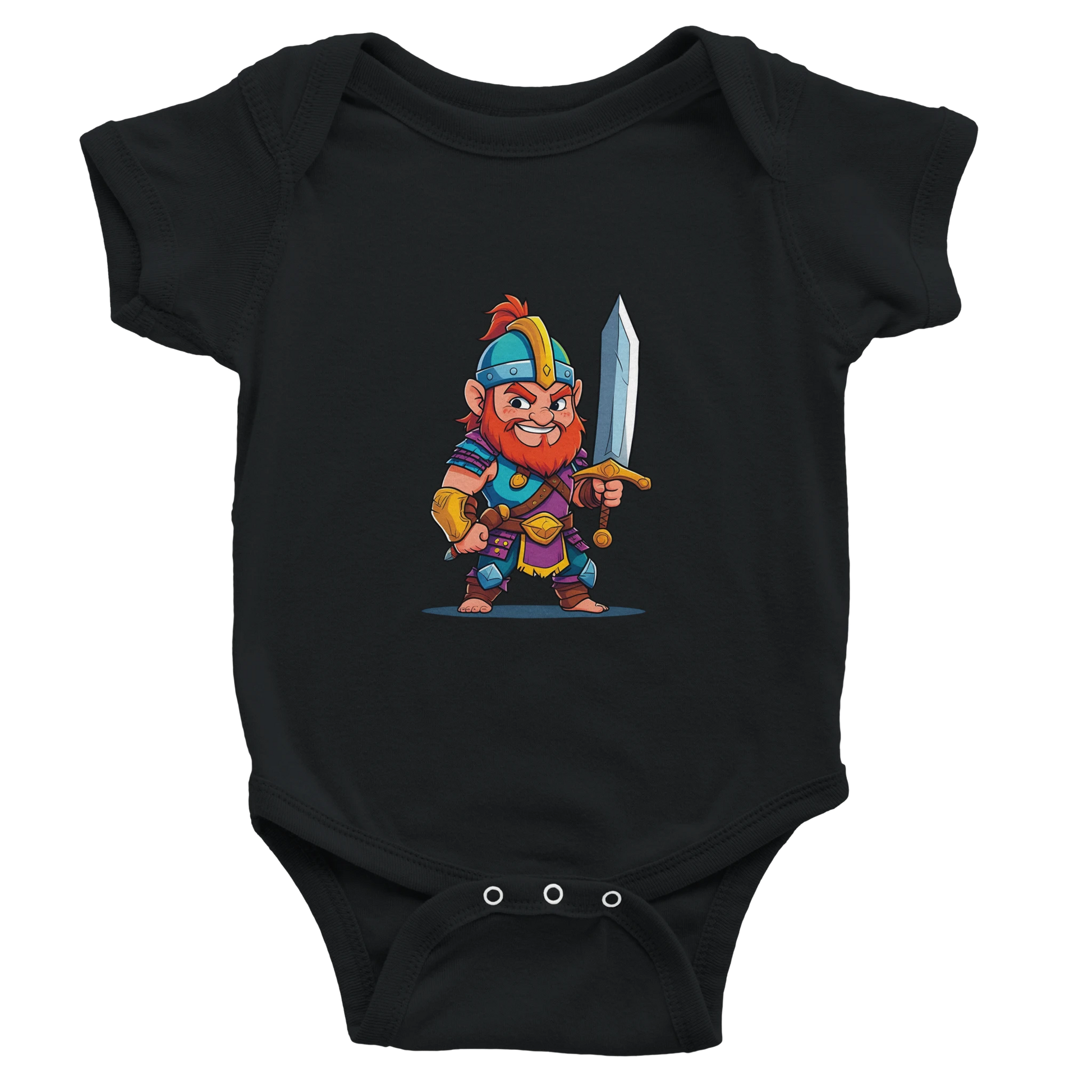 Baby bodysuit featuring a D&D-inspired fighter design with the subclass "Stick Sword Specialist." Illustrated with playful weapons and bold fantasy style