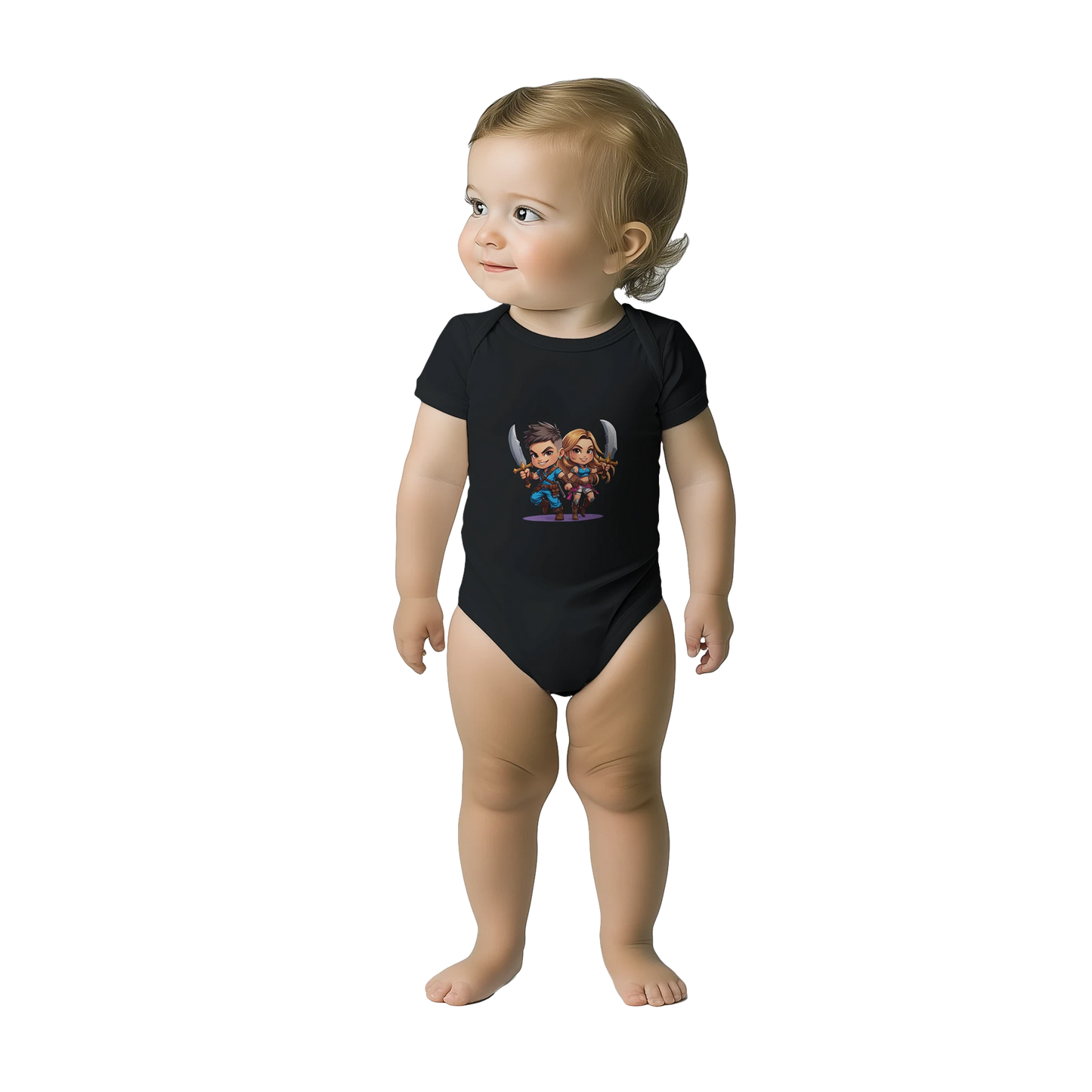 Gaming-themed baby bodysuit with 'Snack Thief' text and RPG-style level 1 character design