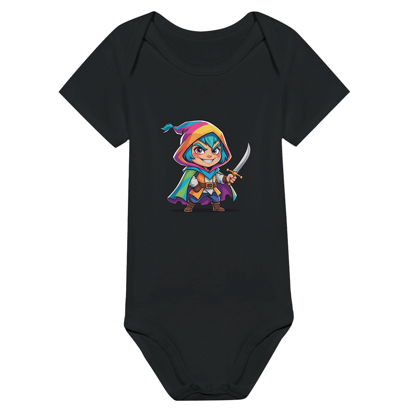 Infant bodysuit with fantasy-themed rogue. D&D-inspired baby outfit perfect for game nights, baby showers, or nerdy parents.