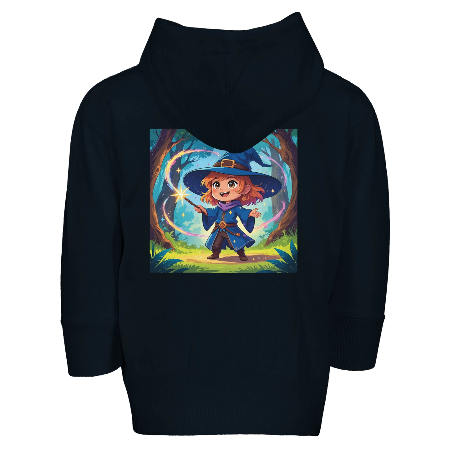 Soft fleece zip-up hoodie for toddlers featuring 'Little Sorcerer' design with magical graphics, perfect for young children of fantasy gaming families