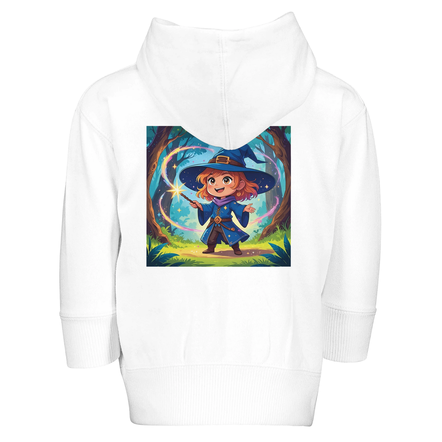 Soft fleece zip-up hoodie for toddlers featuring 'Little Sorcerer' design with magical graphics, perfect for young children of fantasy gaming families