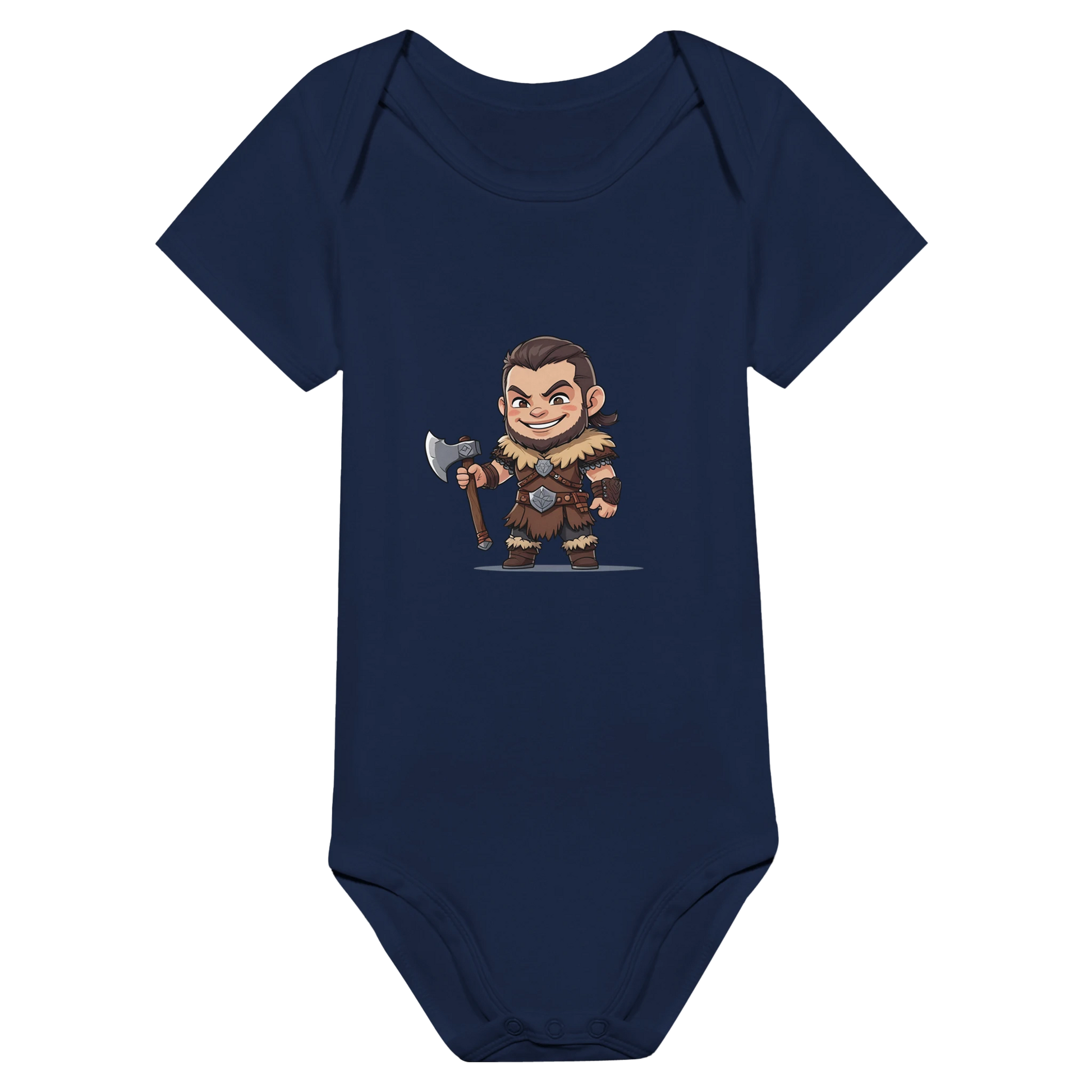 Gaming RPG-style Baby-barian Boy character design with Level 1 badge and barbarian theme on infant bodysuit
