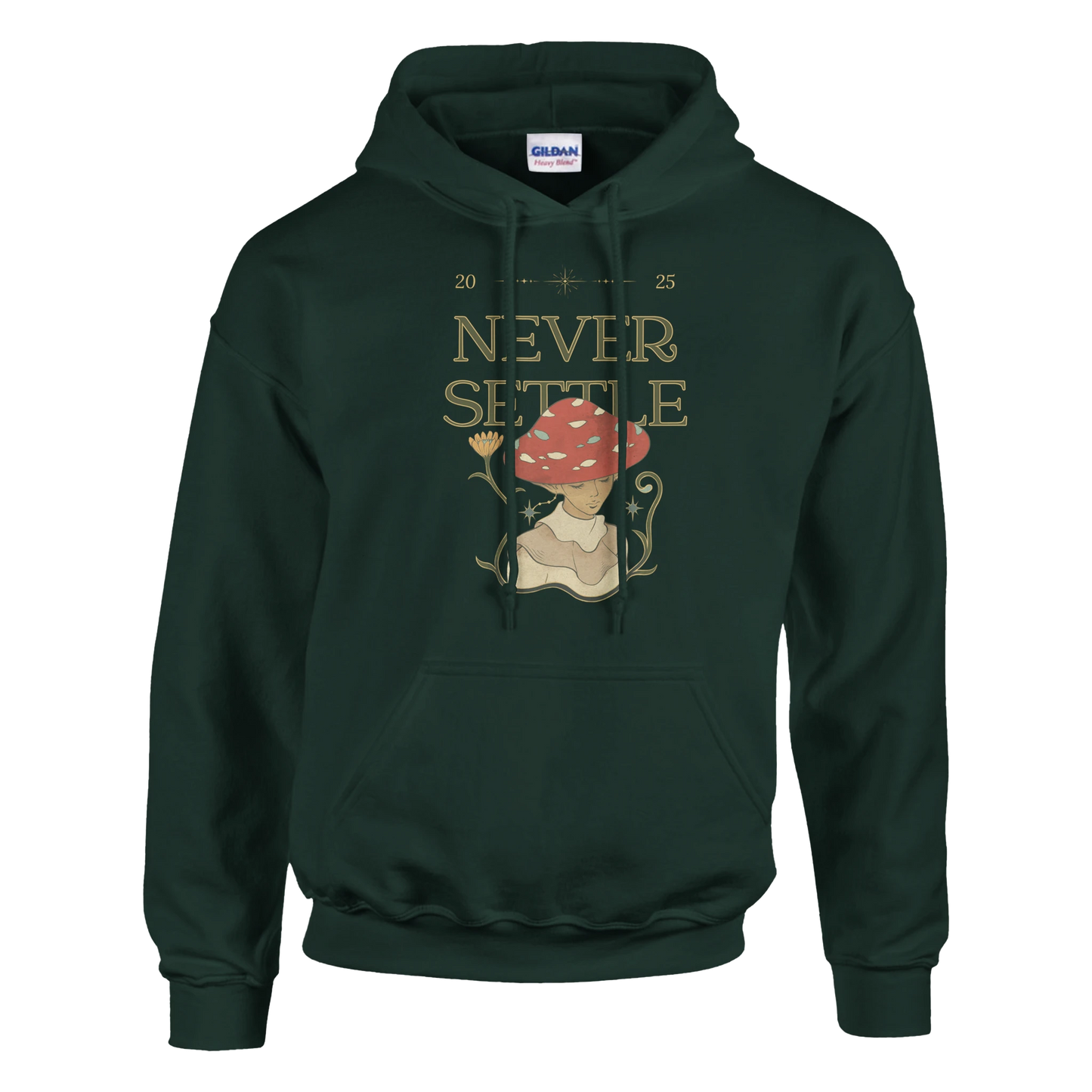 Never Settle Mushroom character design, cute motivational fungi illustration, Gildan 18500 fit and quality.