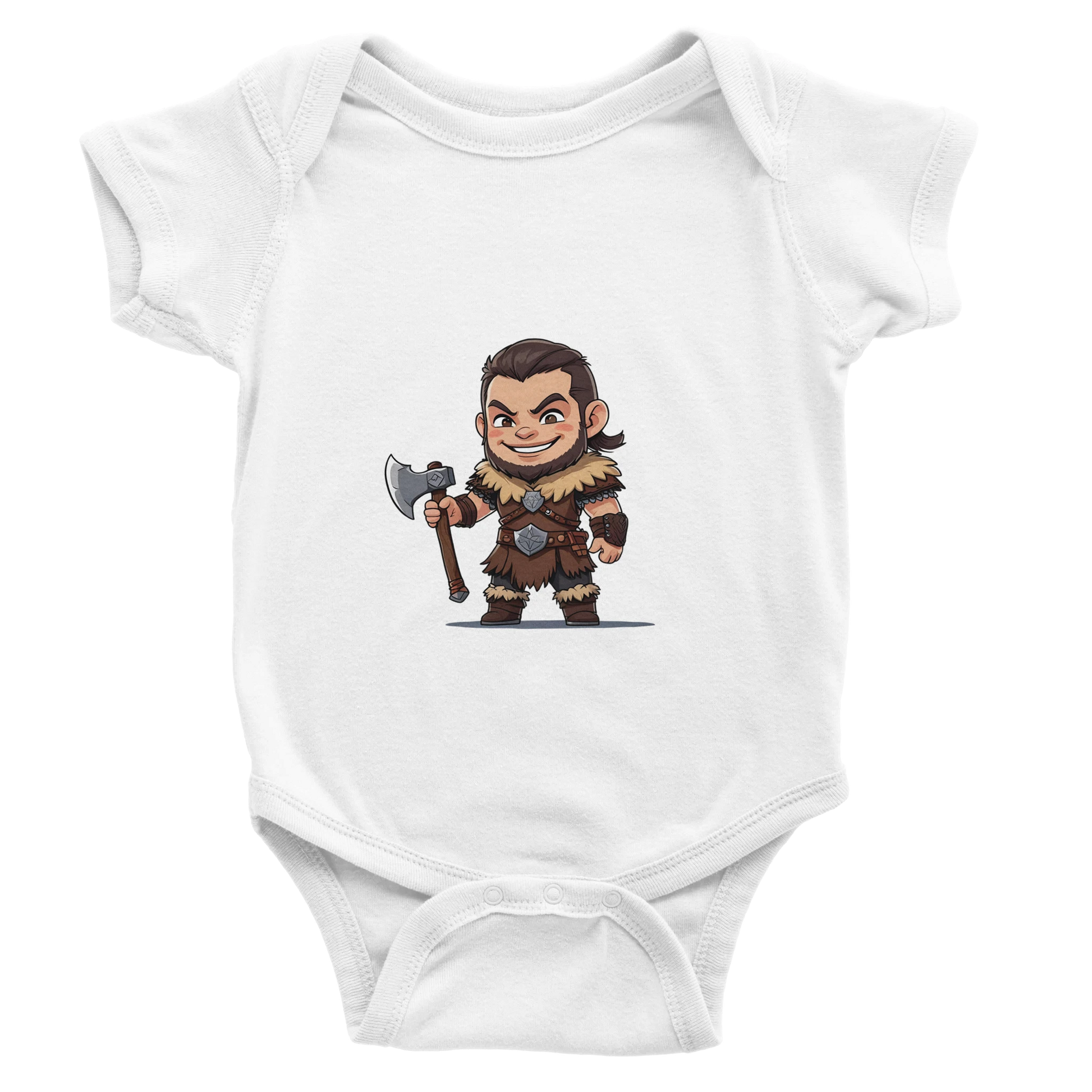 Baby-Barian Boy short sleeve bodysuit featuring cute gaming barbarian character design for infants