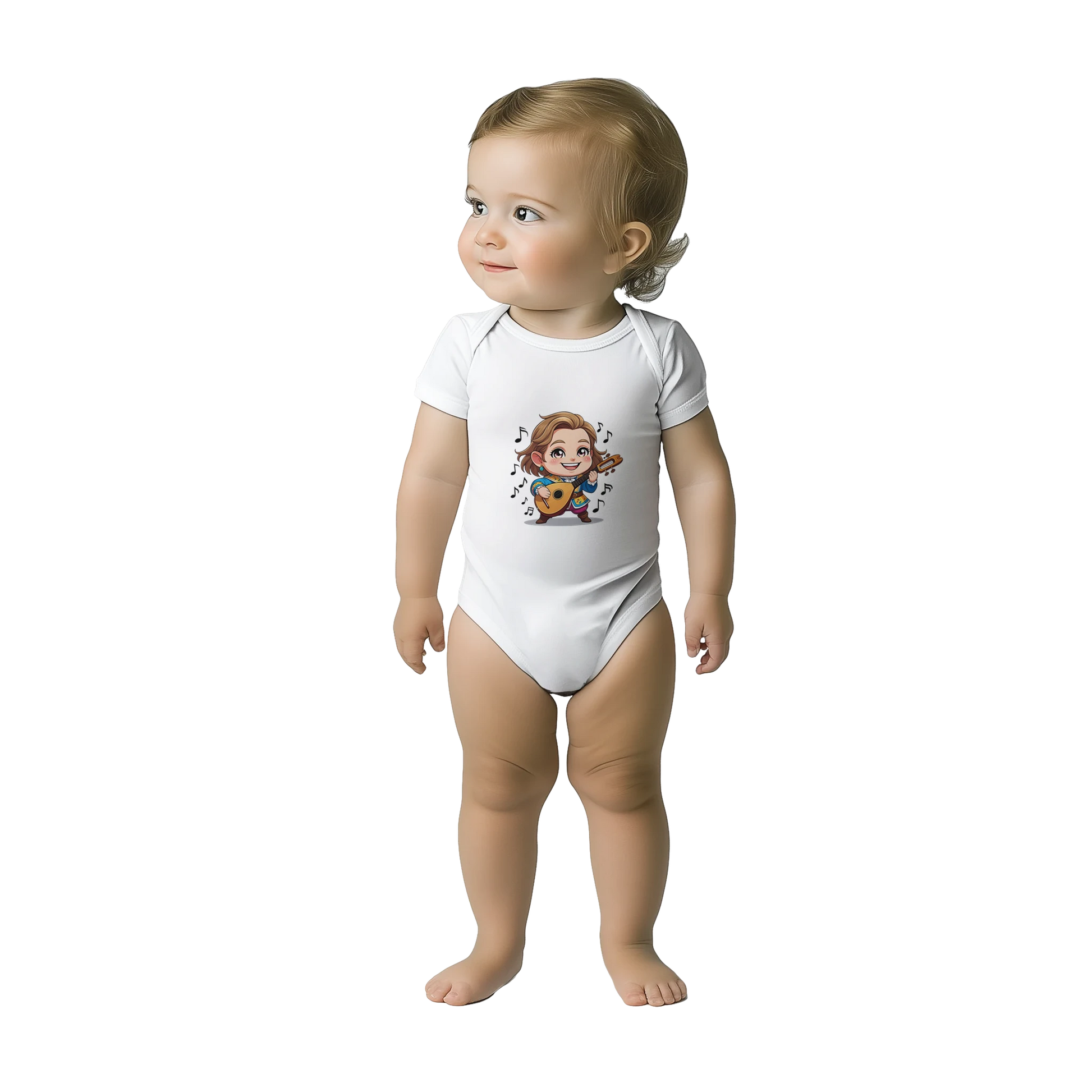 Baby onsie featuring a D&D-inspired bard design with whimsical musical elements. Ideal for little performers with a love for sound and sparkle.