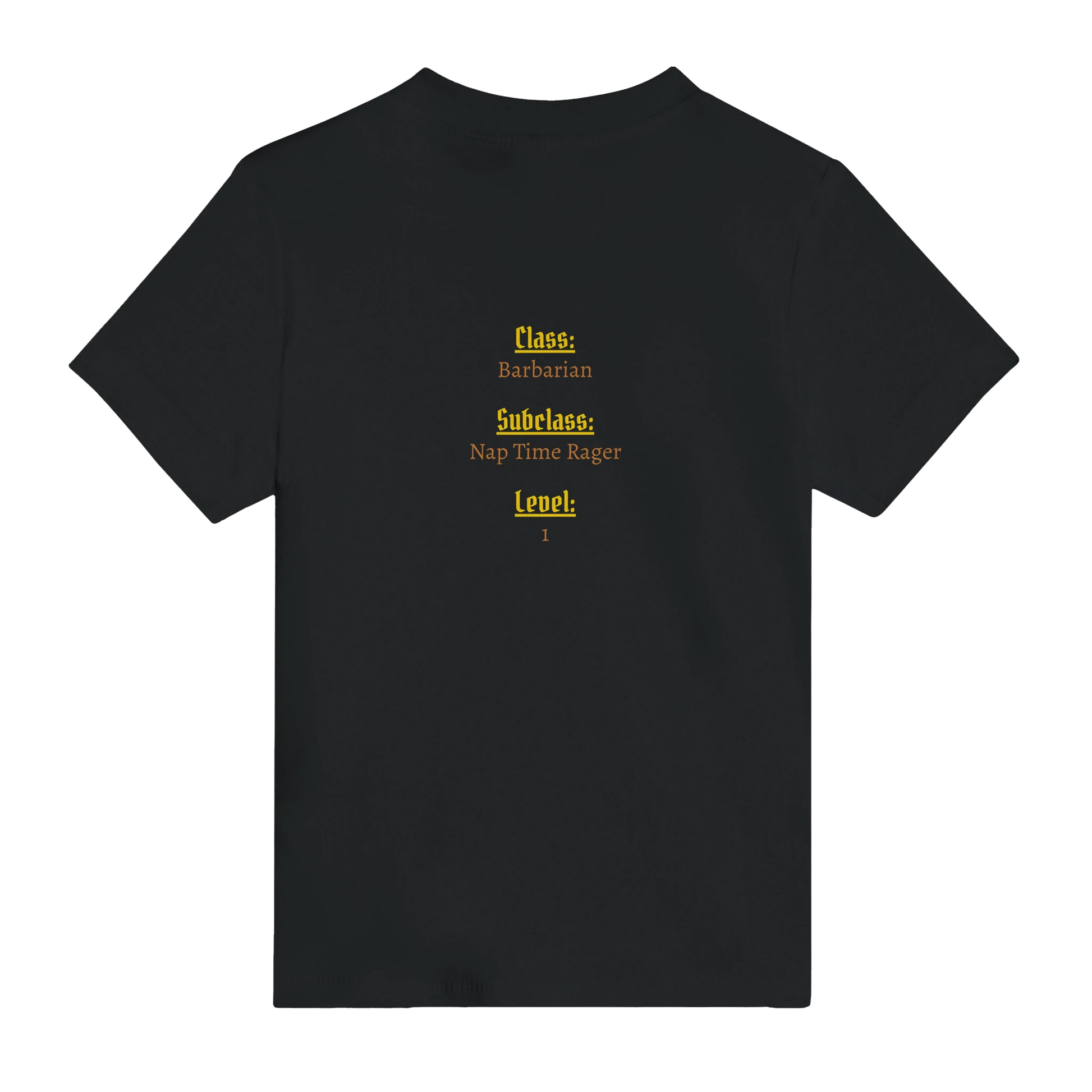 Baby-barian girl Lvl 1 t-shirt featuring gaming barbarian character design with level 1 badge