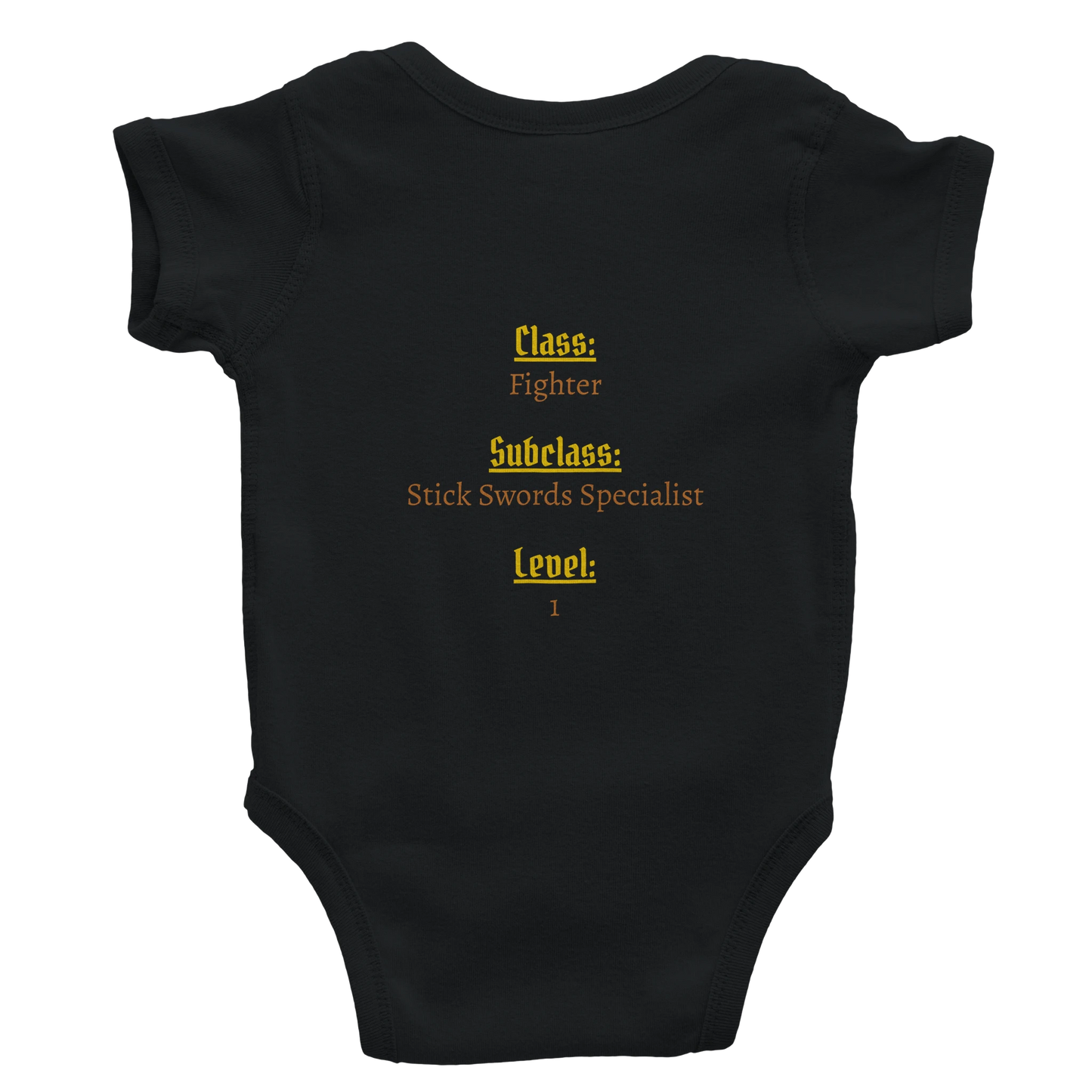Baby bodysuit featuring a D&D-inspired fighter design with the subclass "Stick Sword Specialist." Illustrated with playful weapons and bold fantasy style