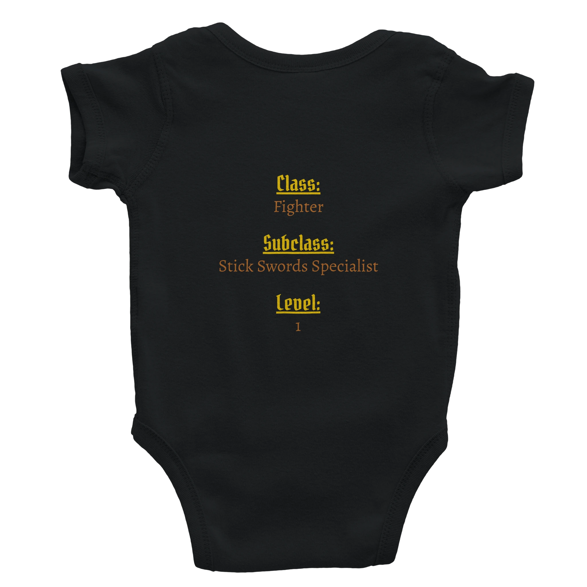 Baby bodysuit featuring a D&D-inspired fighter design with the subclass "Stick Sword Specialist." Illustrated with playful weapons and bold fantasy style