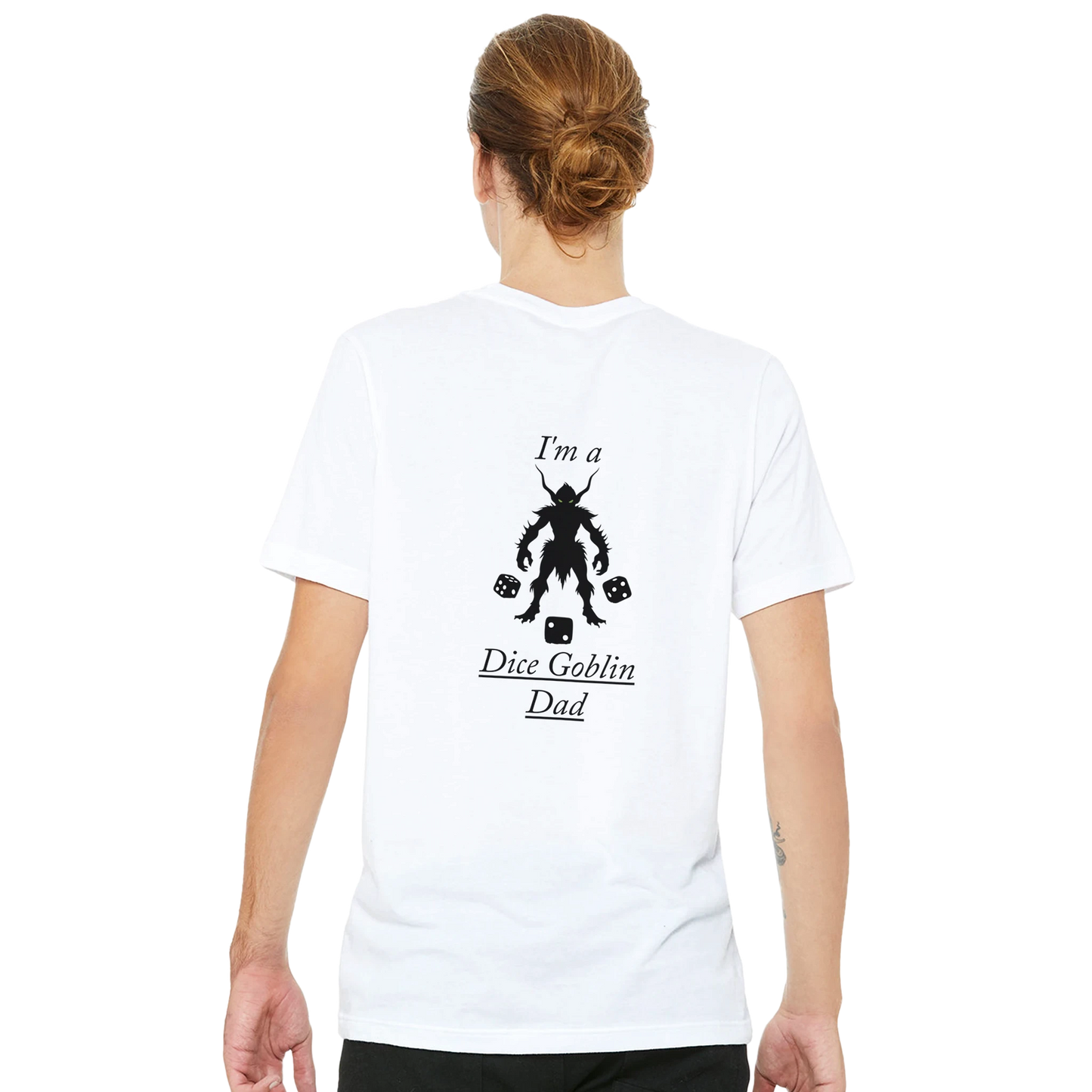 Comfortable shirt featuring 'Dice Goblin Dad' text design with gaming dice graphics, perfect for tabletop gaming fathers and RPG enthusiasts.